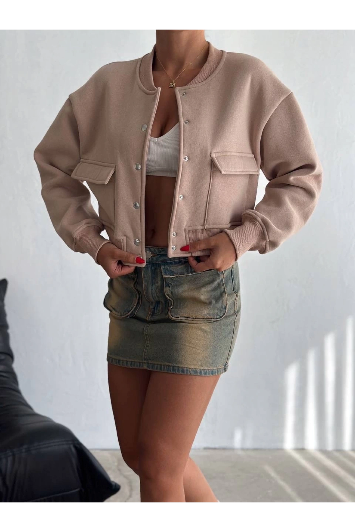 3 iplik şardonlu Önü çıtçıtlı cepli ceket bej f2226