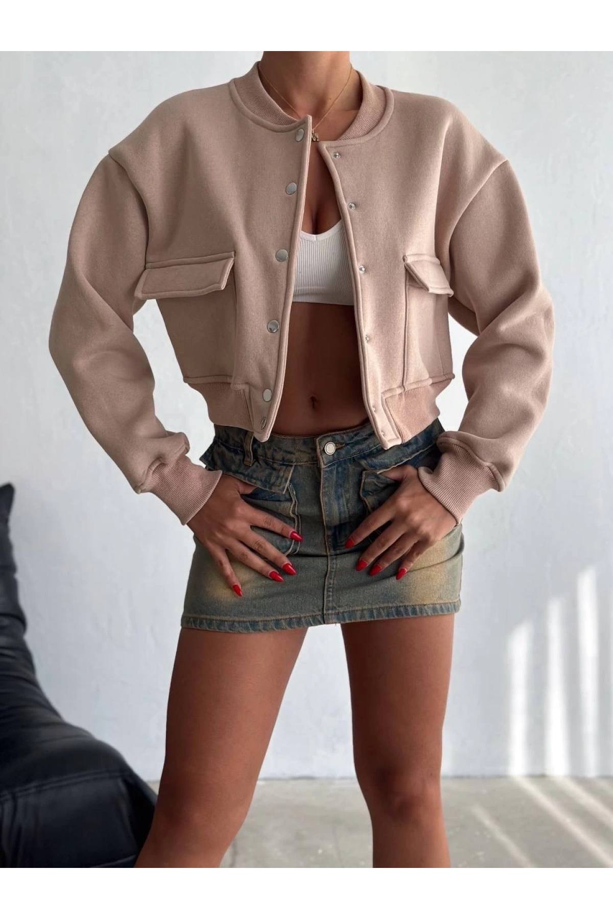 3 iplik şardonlu Önü çıtçıtlı cepli ceket bej f2226