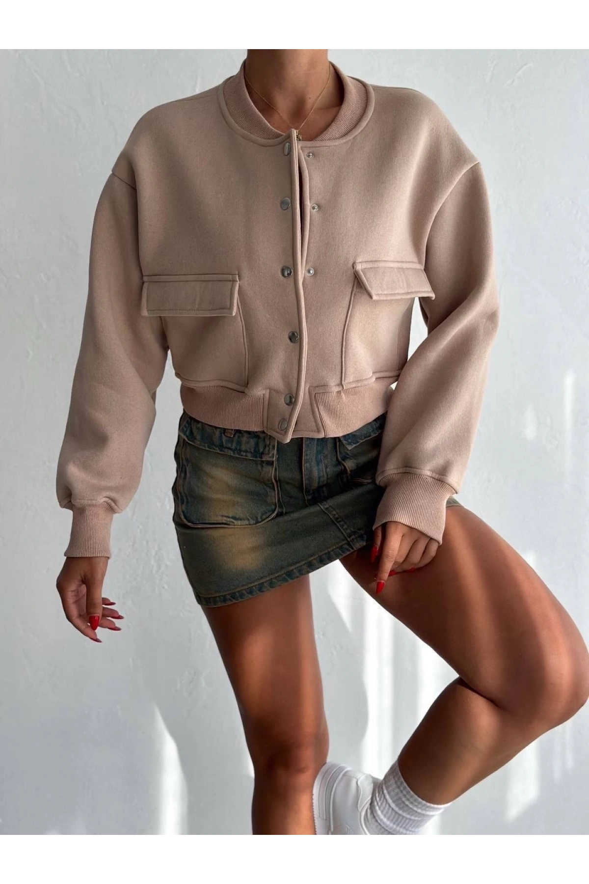 3 iplik şardonlu Önü çıtçıtlı cepli ceket bej f2226