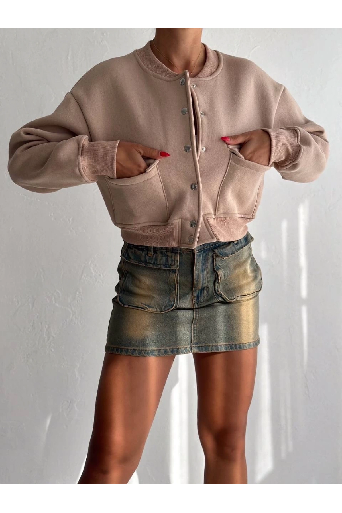3 iplik şardonlu Önü çıtçıtlı cepli ceket bej f2226