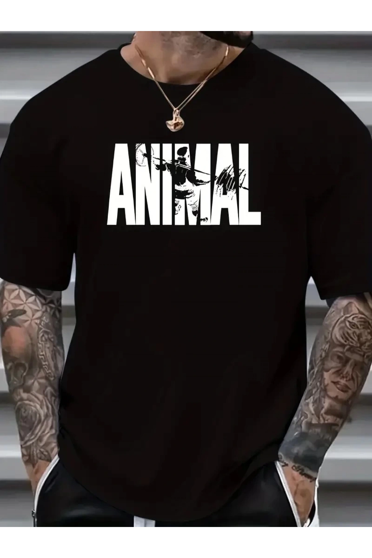 ANIMAL Desen Baskı Erkek Oversive Tişört, Grafik Tişört Erkek Yazlık Outdoor Kıyafetleri, Sporda ve Günlük Giyime Uygun  - Siyah