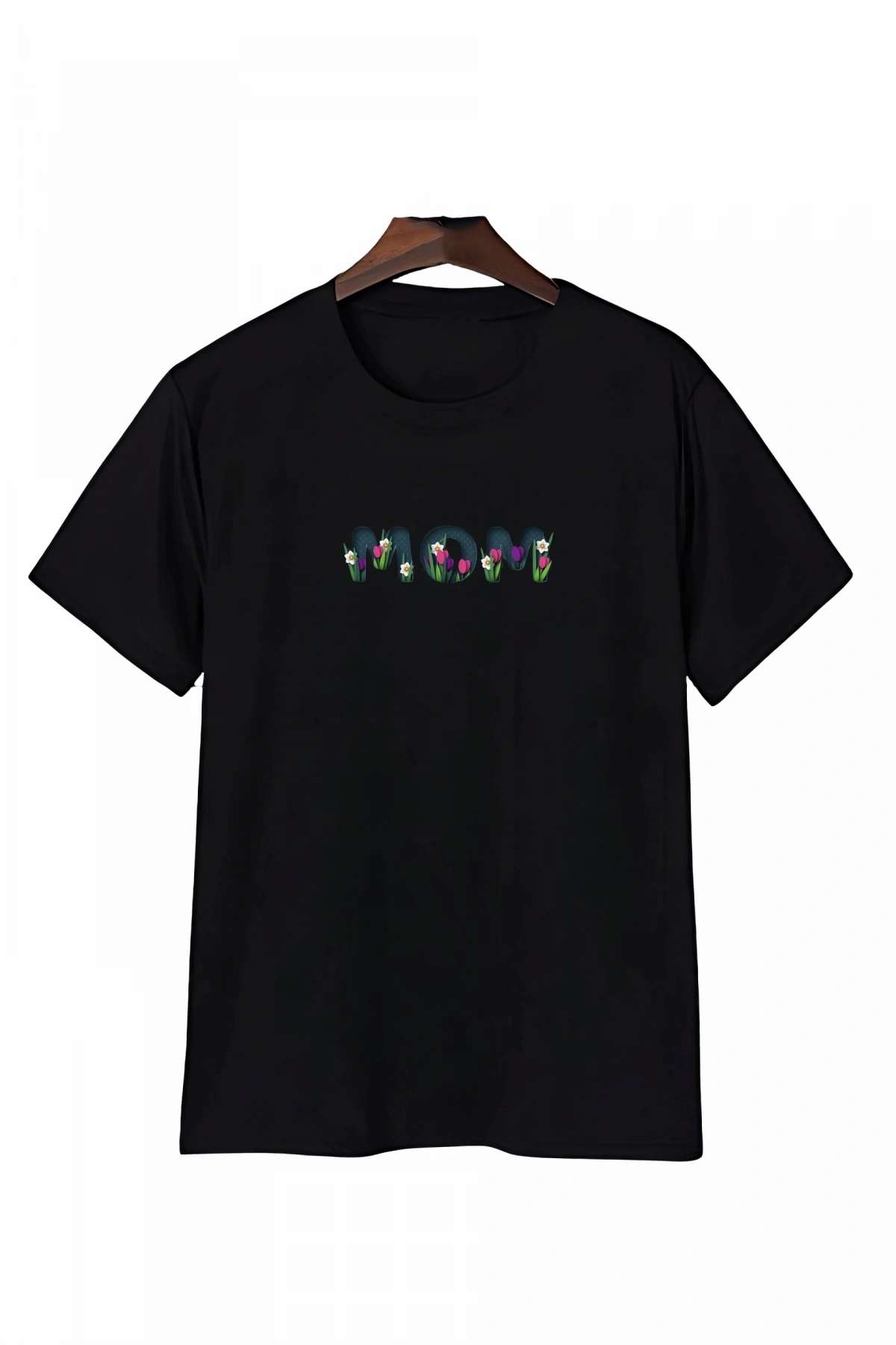Anneler Gününe Özel Tasarım mom Çiçek Baskılı T-shirt - Siyah