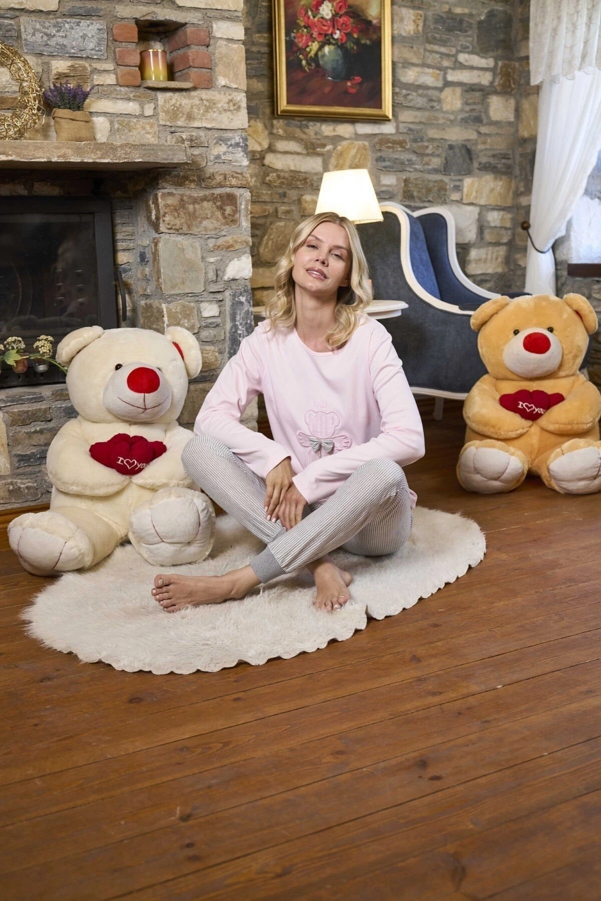 Aqua 26228 Kadın Uzun Kol Ayıcık Detaylı Pijama Takım