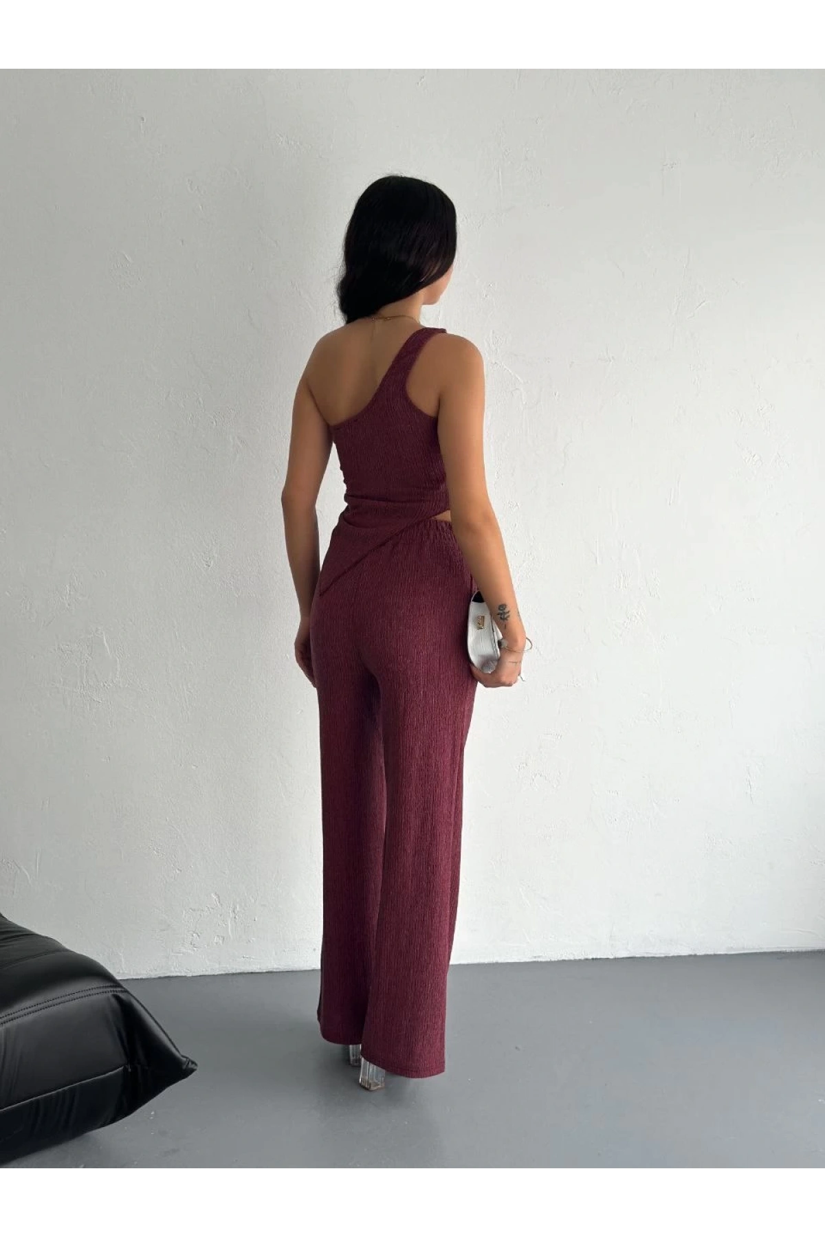 Asimetrik Crop Pantalon ikili Takım - Gül Kurusu