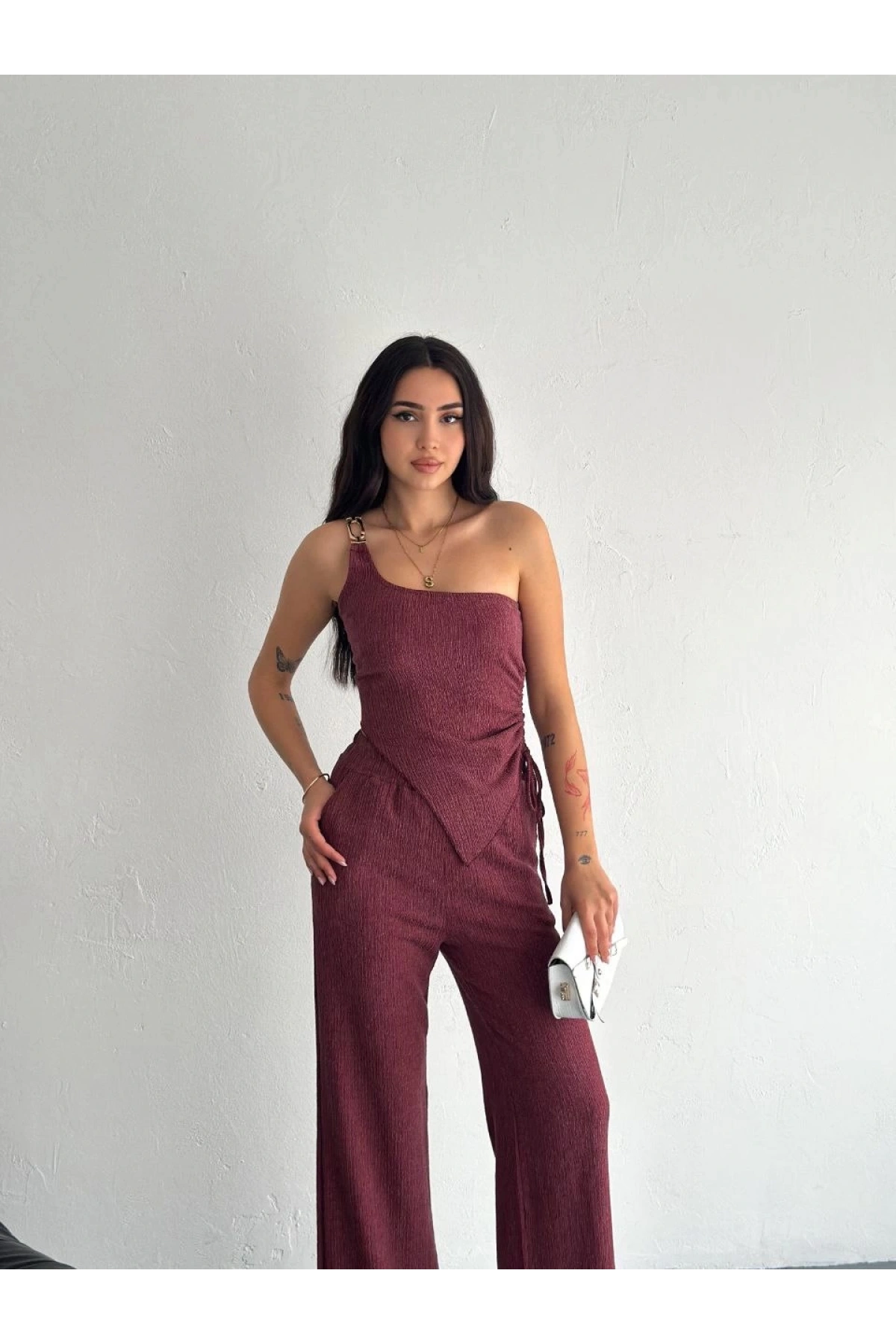 Asimetrik Crop Pantalon ikili Takım - Gül Kurusu