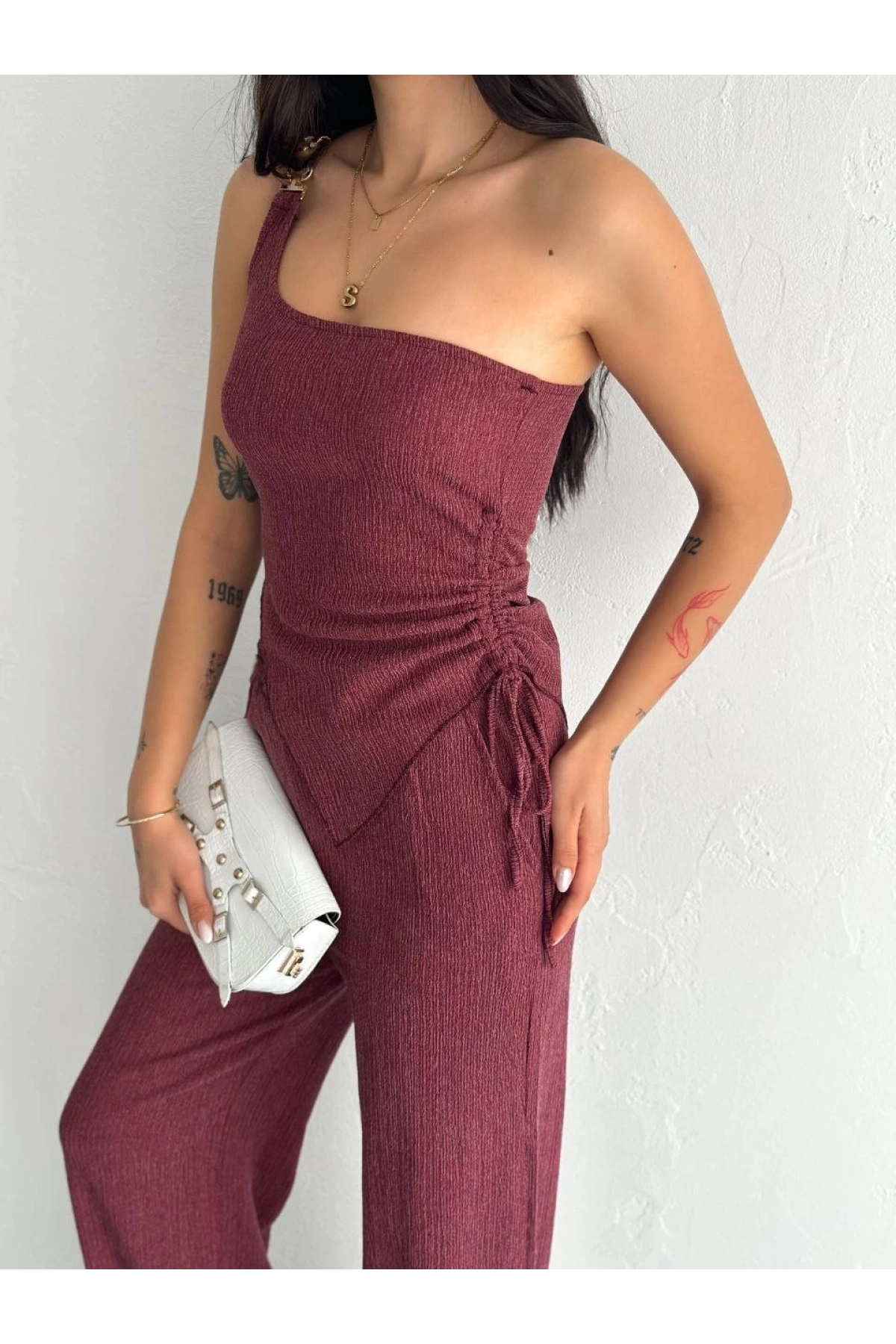 Asimetrik Crop Pantalon ikili Takım - Gül Kurusu