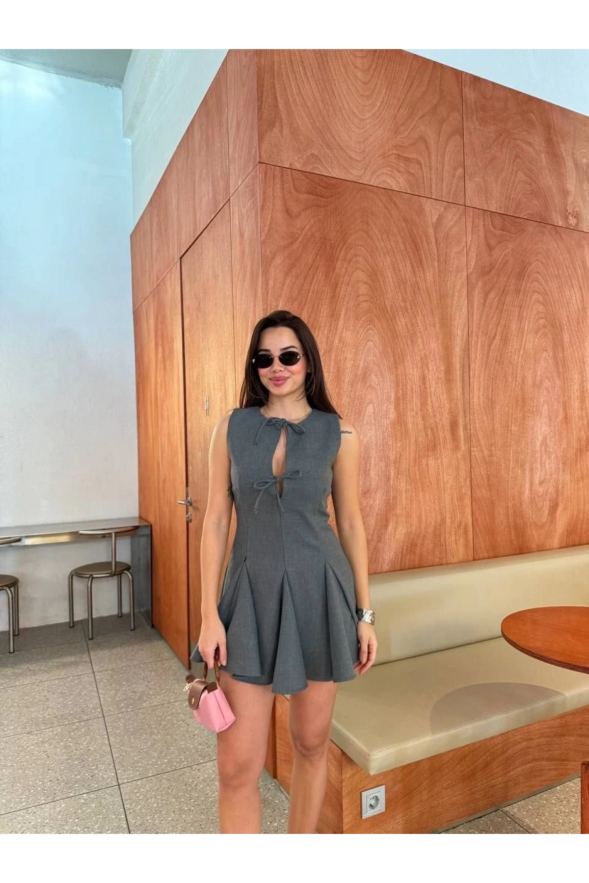 Bağcık detaylı Kolsuz Mini Elbise - Antrasit