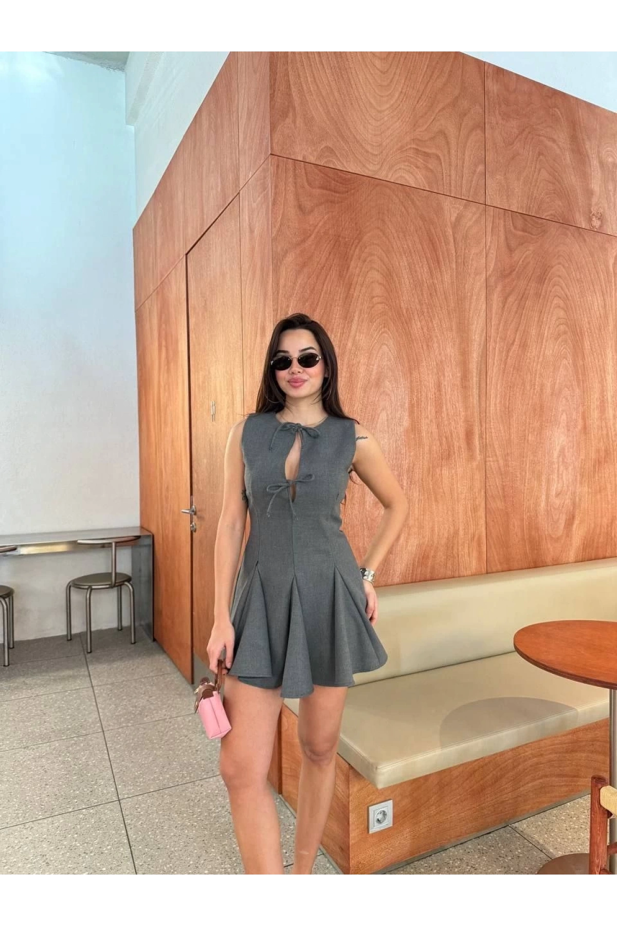 Bağcık detaylı Kolsuz Mini Elbise - Antrasit