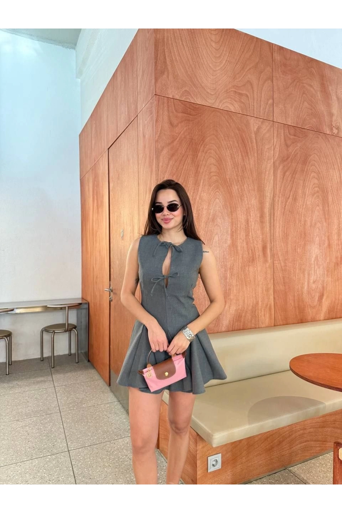 Bağcık detaylı Kolsuz Mini Elbise - Antrasit