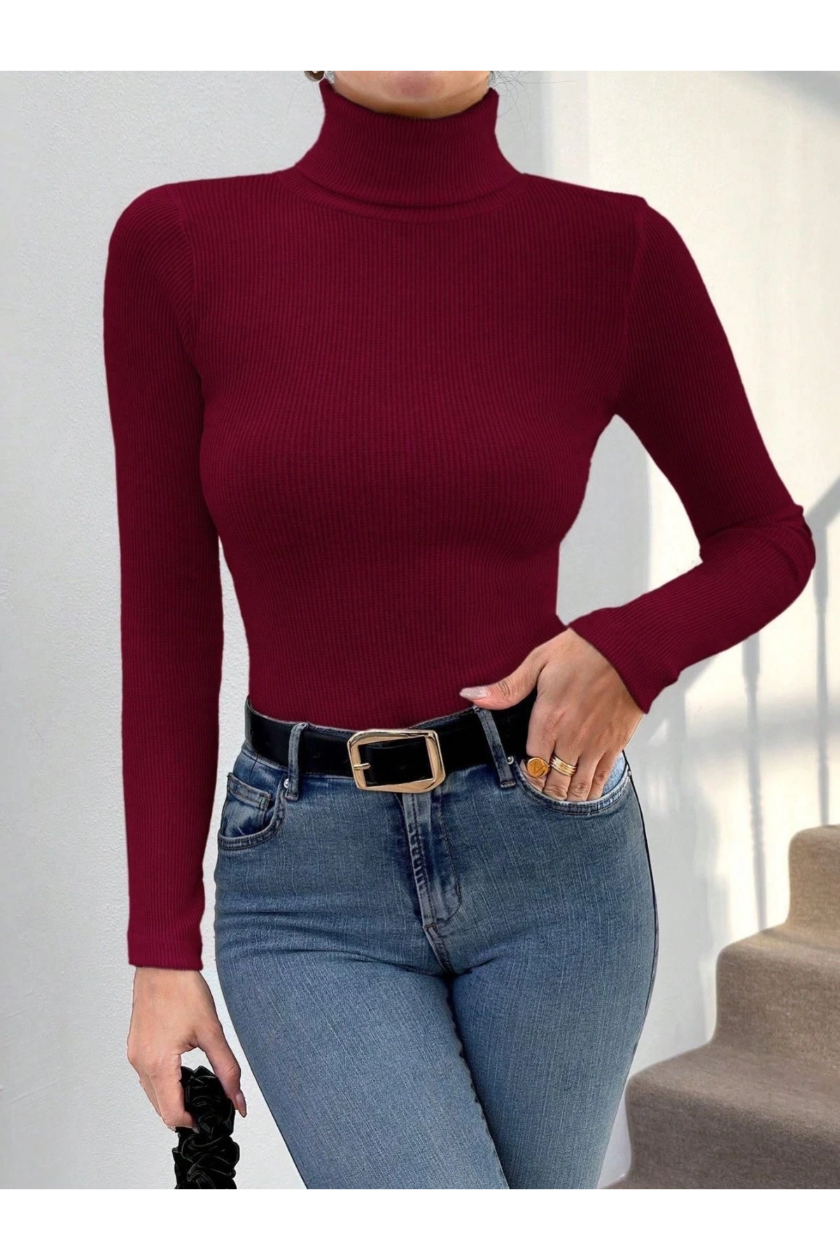 Balıkçı yaka dar kesim kaşkorse kazak Bordo