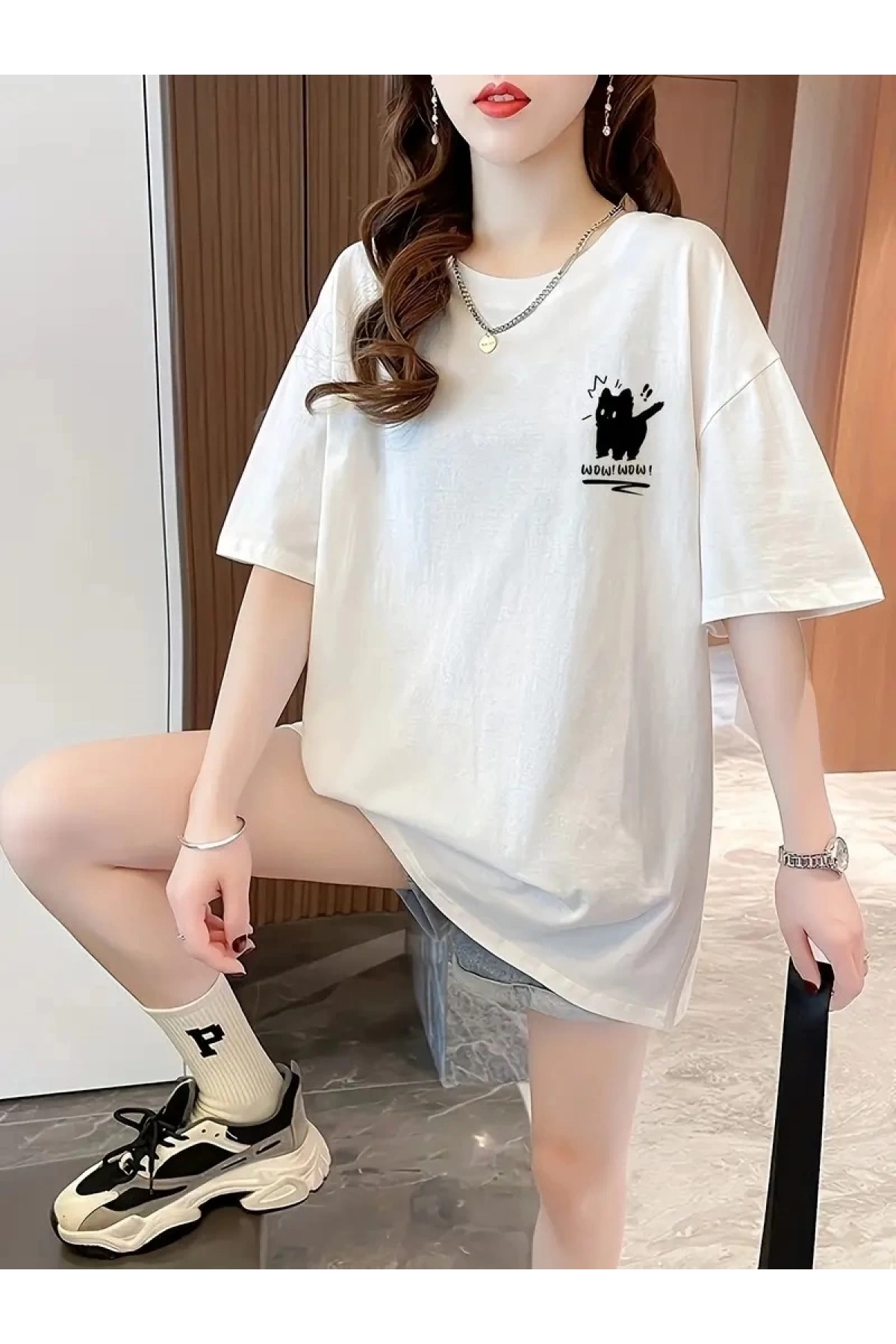 20/1 Penye Compack Tatlı Kedi Baskılı Oversize Bisiklet Yaka T-shirt - Beyaz