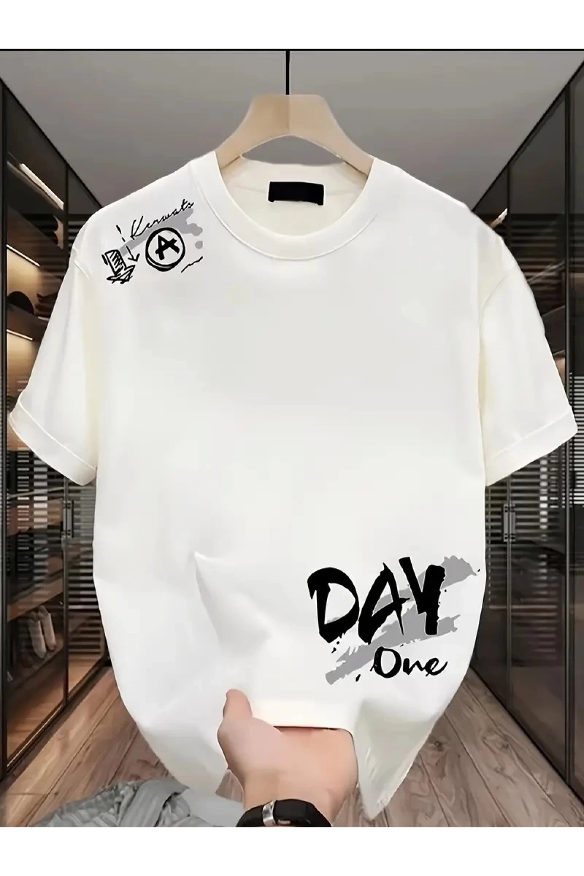 Day One Baskılı Oversize Bisiklet Yaka T-shirt - Beyaz