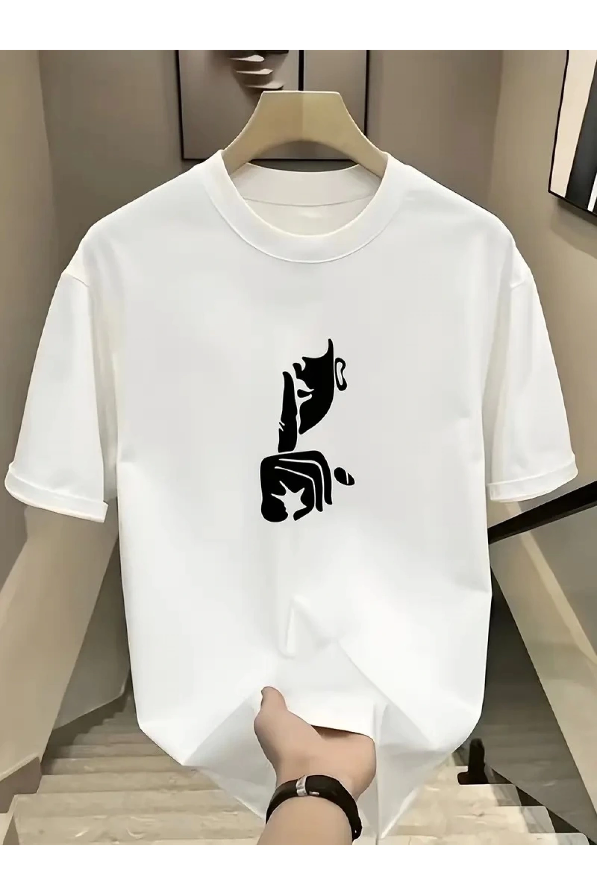 Rahat Bisiklet Yaka Tişört, Yaratıcı Karikatür Baskı - Yumuşak Polyester, Her Mevsim Giyilebilir- Beyaz