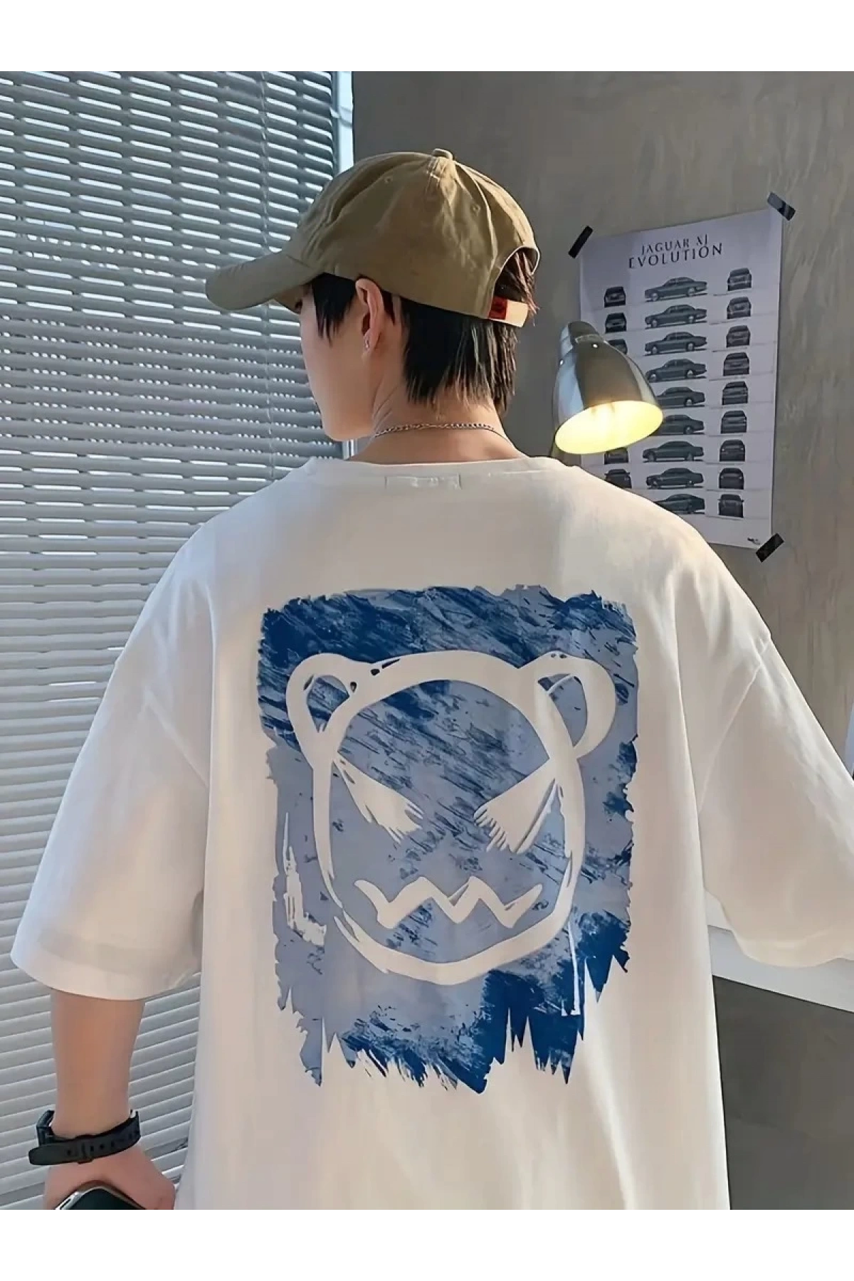 20/1 Penye Compack Bisiklet Yaka Kore tarzı sevimli ayı baskı Kısa Kol Erkek t-shirt - Beyaz