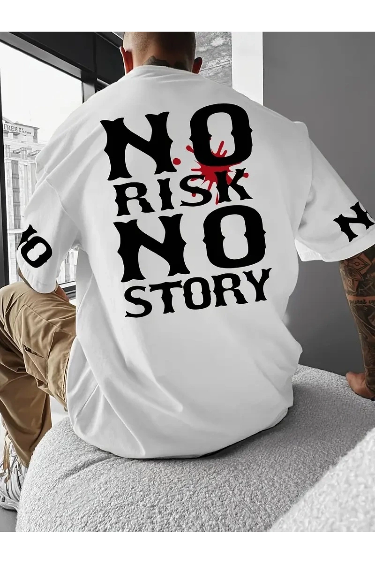 No Risk No Story Baskılı Oversize Bisiklet Yaka T-shirt - Beyaz