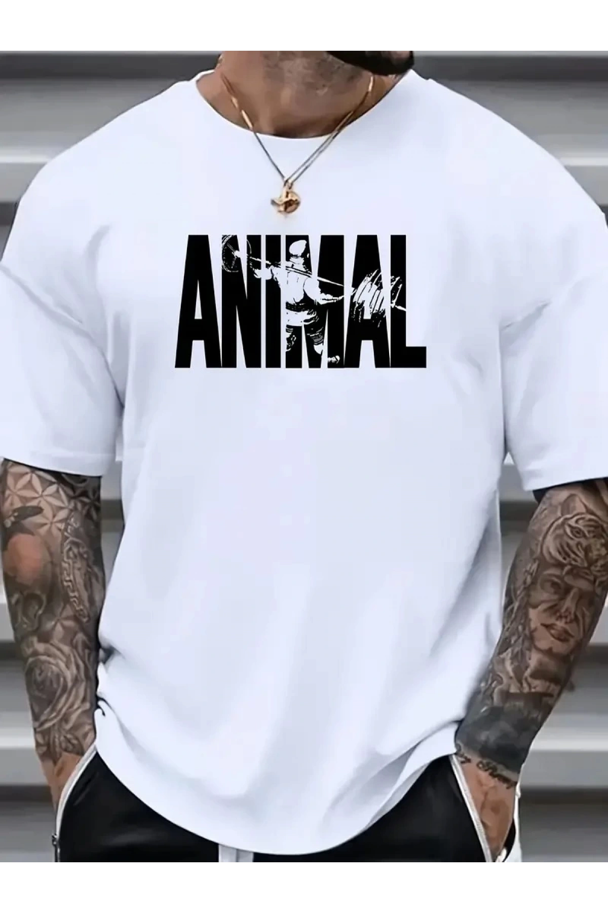 ANIMAL Desen Baskı Erkek Oversive Tişört, Grafik Tişört Erkek Yazlık Outdoor Kıyafetleri, Sporda ve Günlük Giyime Uygun - Beyaz