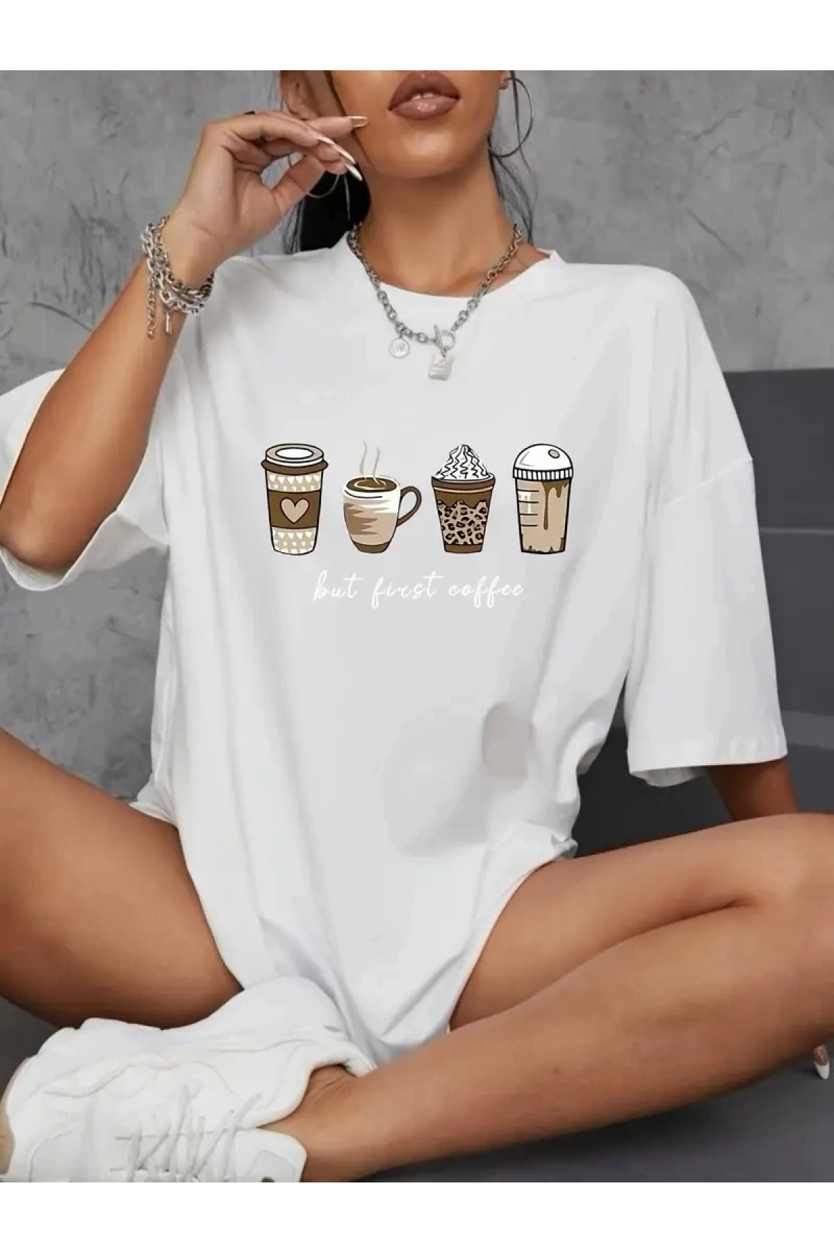 20/1 Penye Compack Baskılı Oversize Kahve Desenli Kadın Kısa Kol T-shirt - Beyaz