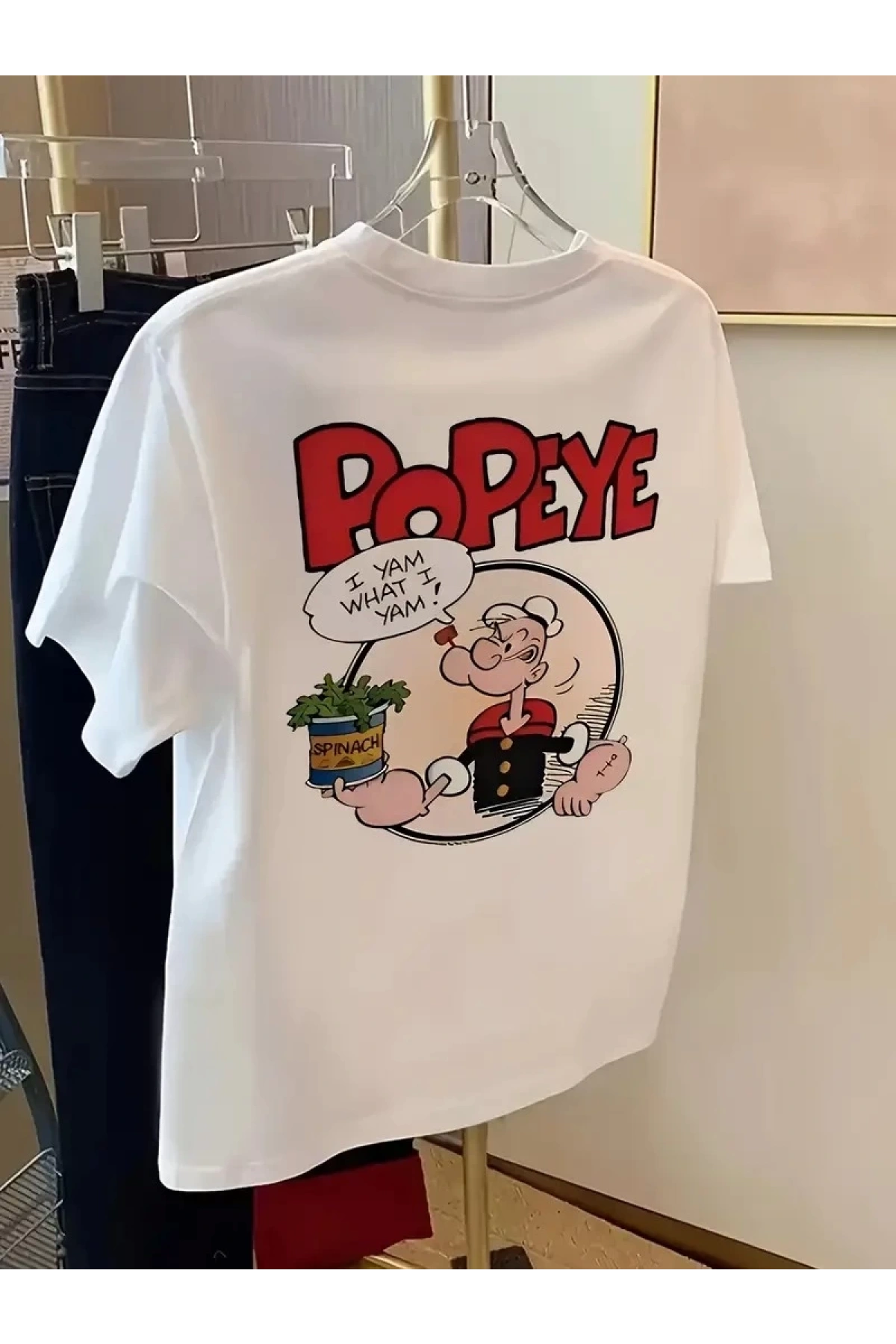 Erkek Oversize Tişörtü  Popeye the Sailor Retro Vintage Ispanak | Hediye olarak idealdir, farklı boyutları mevcuttur. - Beyaz