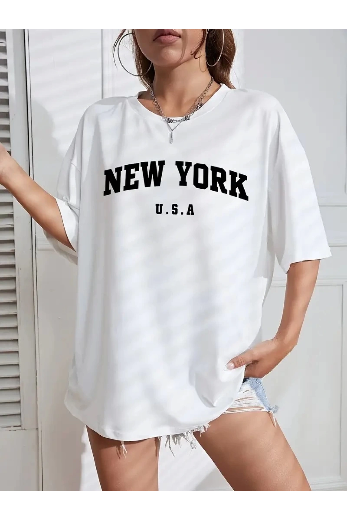 20/1 Penye CompackNew York Baskılı Oversize Kısa Kol Bisiklet Yaka T-shirt - Beyaz