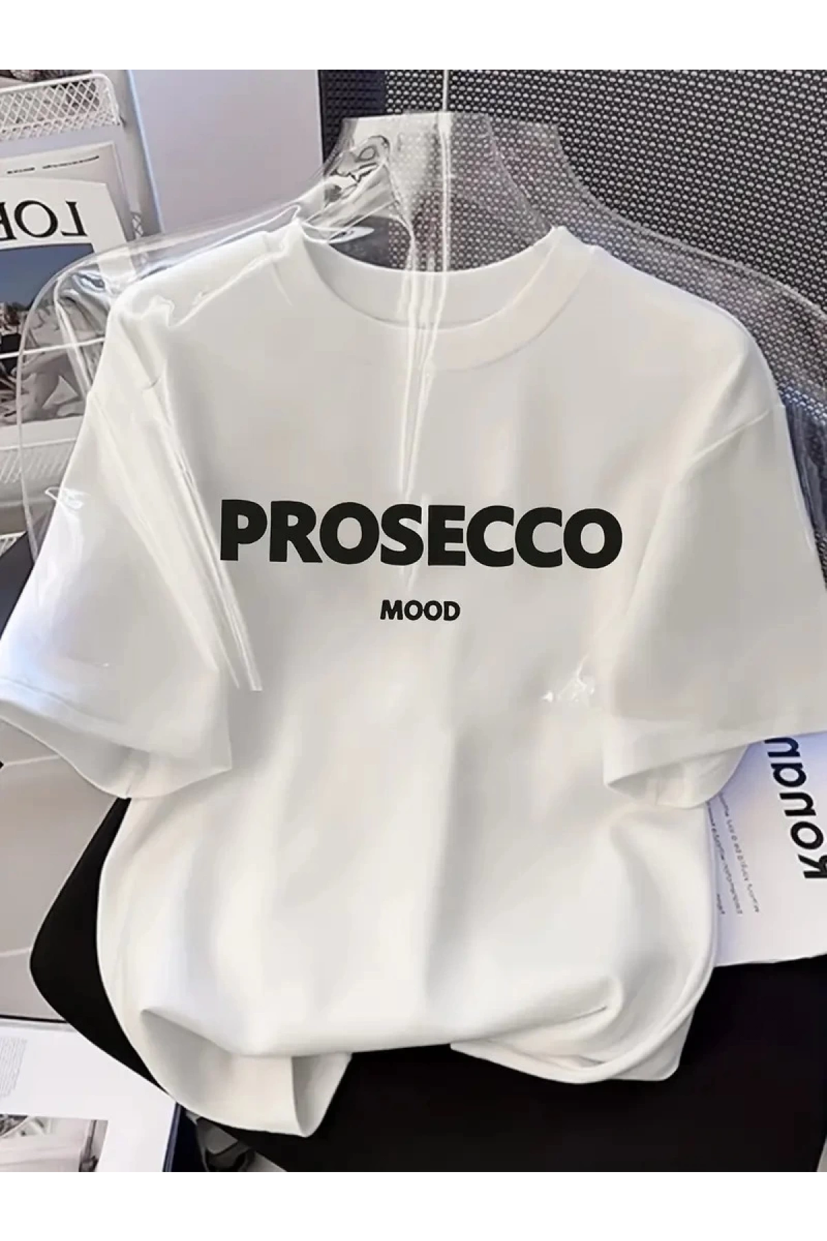 20/1 Penye Compack Baskılı Oversize Kısa Kol Bisiklet Yaka T-shirt - Beyaz