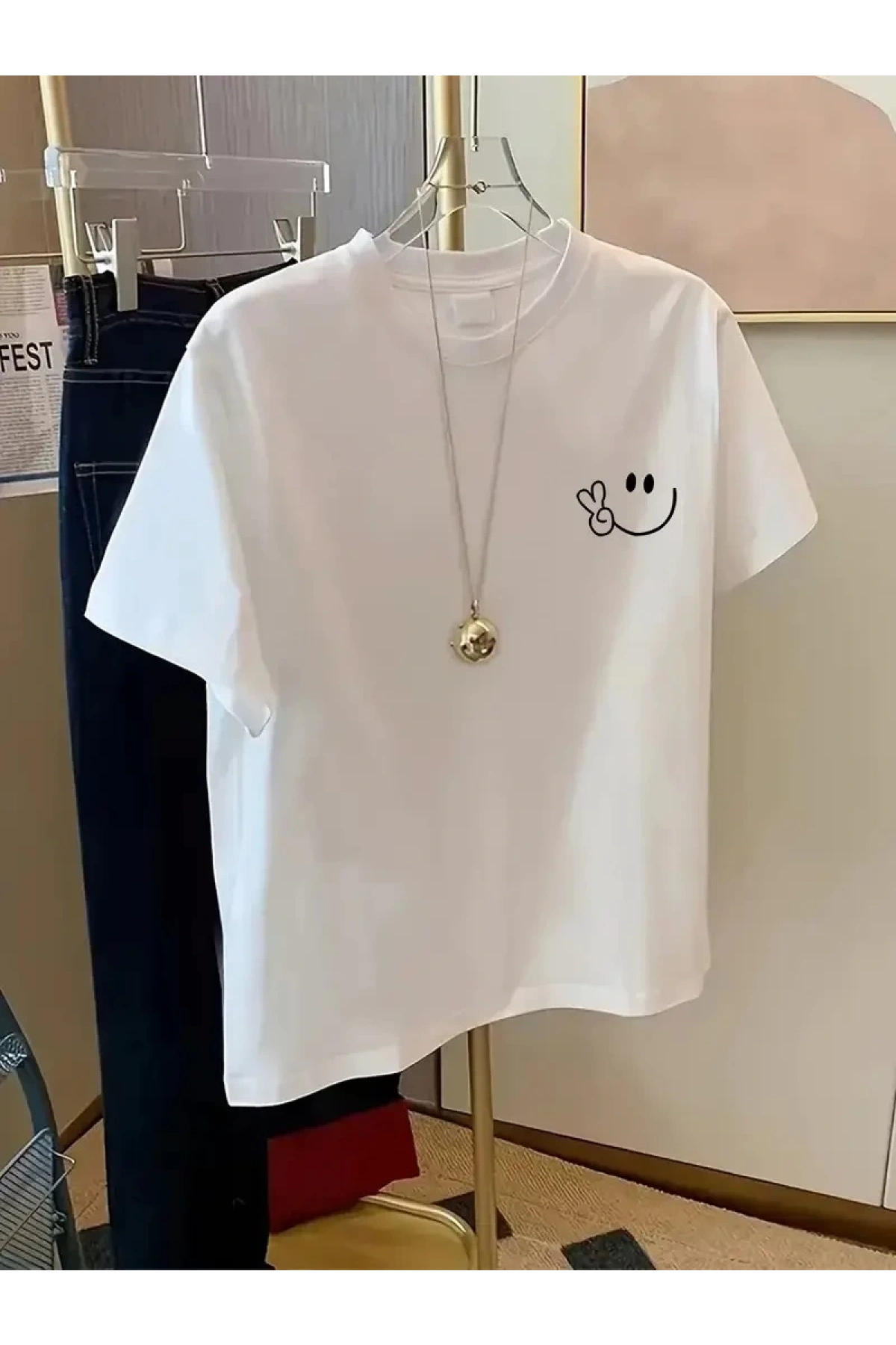 20/1 Penye Compack Gülücük Baskılı Oversize Bisiklet Yaka Kısa Kol Yazlık T-shirt - Beyaz