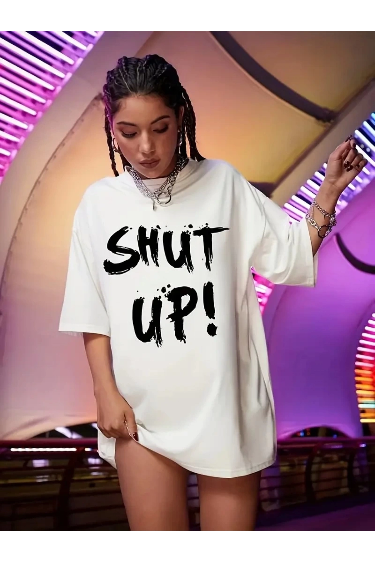 20/1 Penye Compack Oversize Beyaz Shut Up Kısa Kol Yazlık Tişört - Beyaz