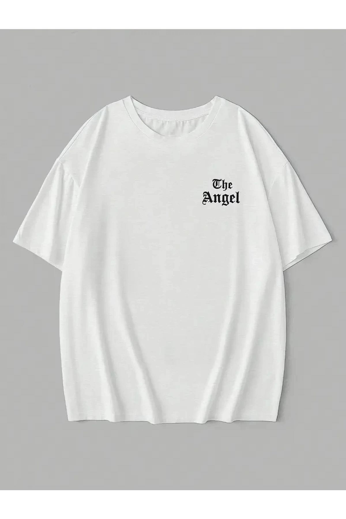20/1 Penye Compack Dark Angel Baskılı Oversize Kısa Kol Yazlık T-shirt- Beyaz