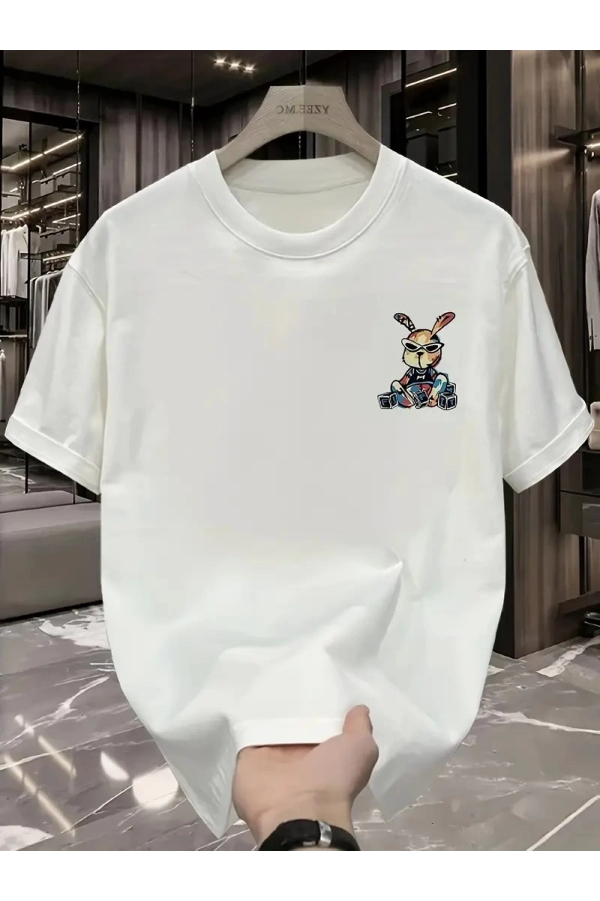 Güneş Gözlüğü Grafikli Karikatür Tavşan Oversize Kısa Kollu Tişört Çift Tişört, İlkbahar Ve Yaz - Beyaz