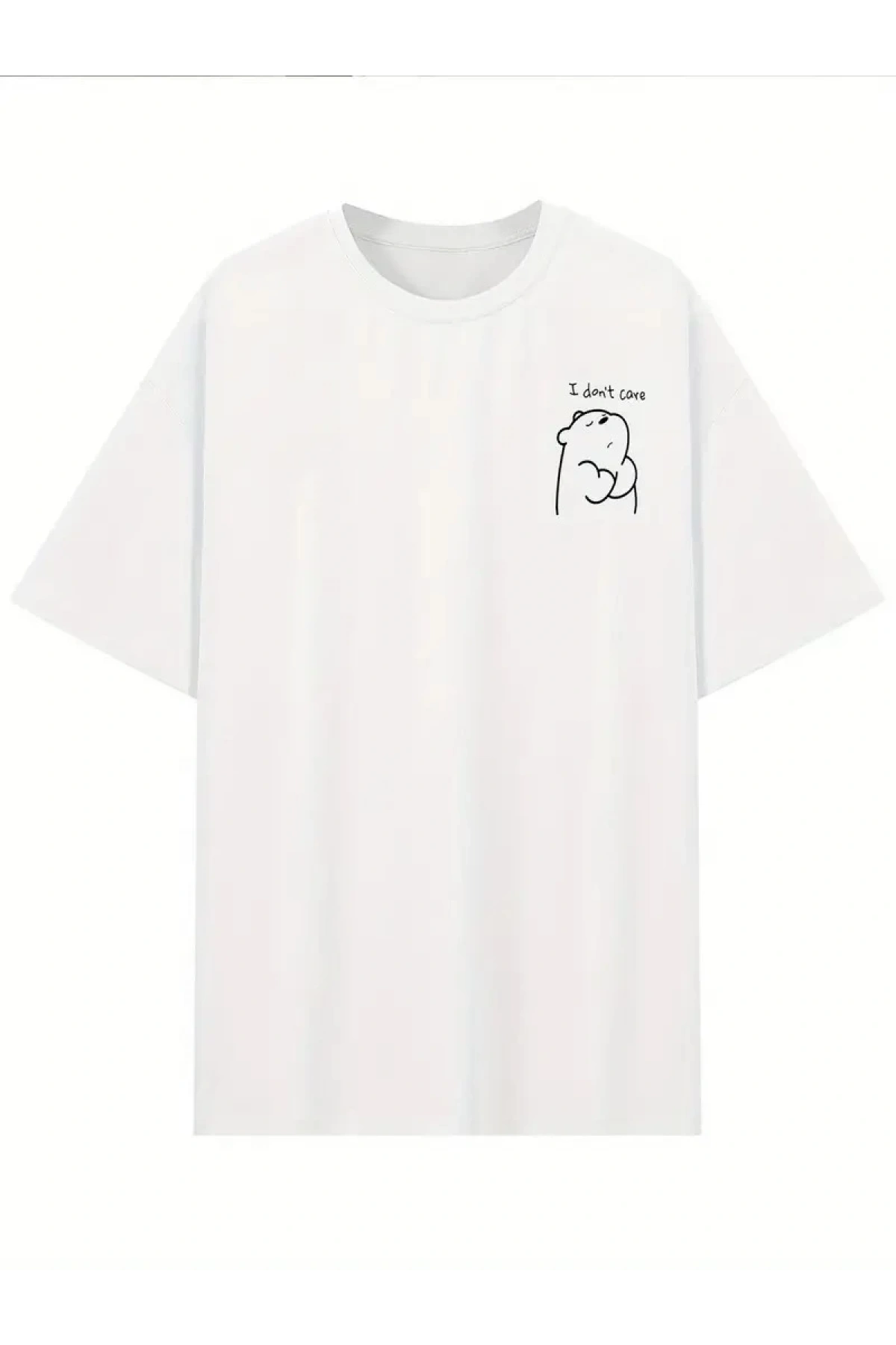 [Günlük T-Shirt] Hafif Kadın Günlük T-Shirt | Bol Kesim, Kısa Kollu, Yuvarlak Yaka, Eğlenceli Karikatür Ayı ve Umrumda Değil Baskı - Günlük Stil, İlkbahar/Yaz- Beyaz