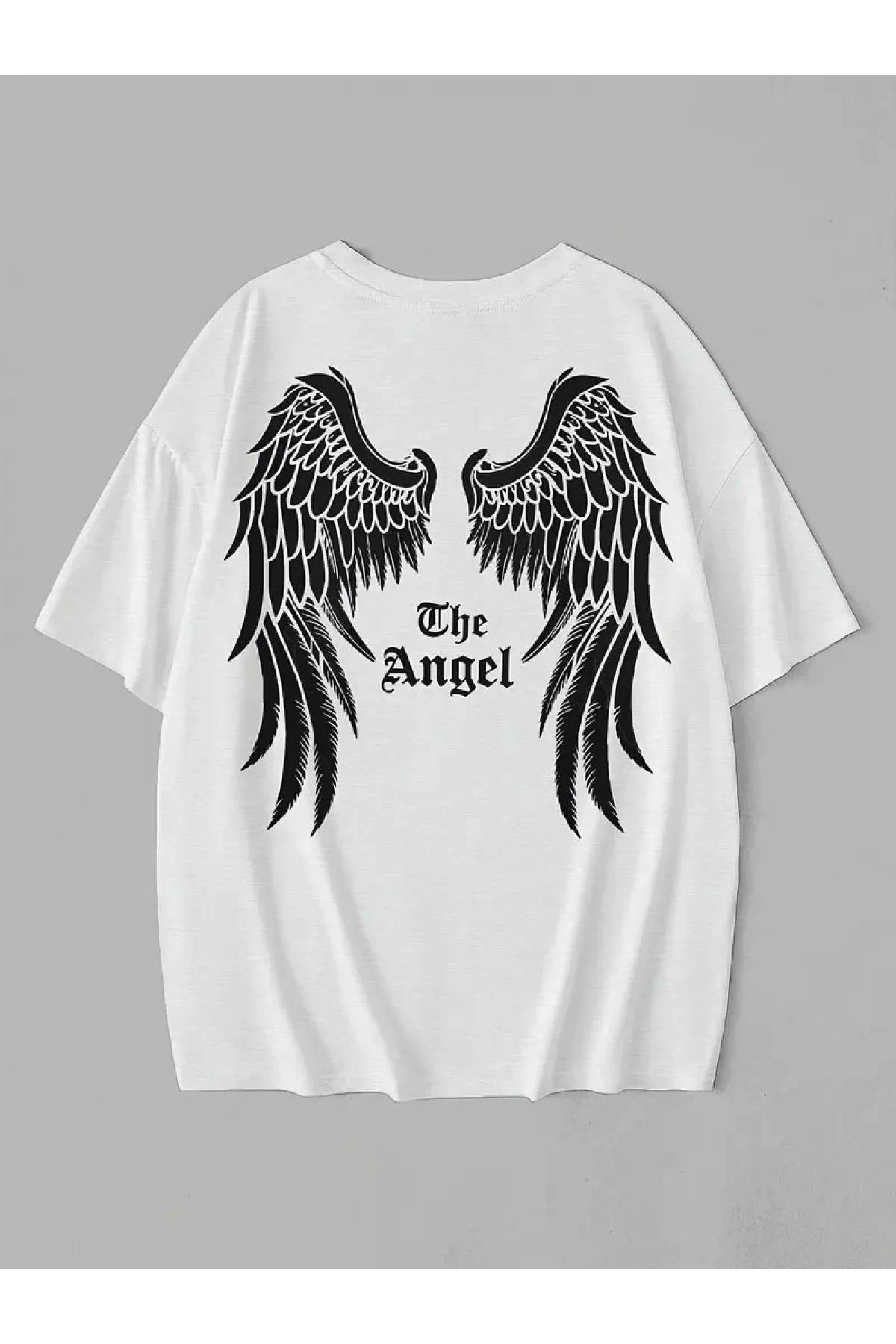 20/1 Penye Compack Dark Angel Baskılı Oversize Kısa Kol Yazlık T-shirt- Beyaz