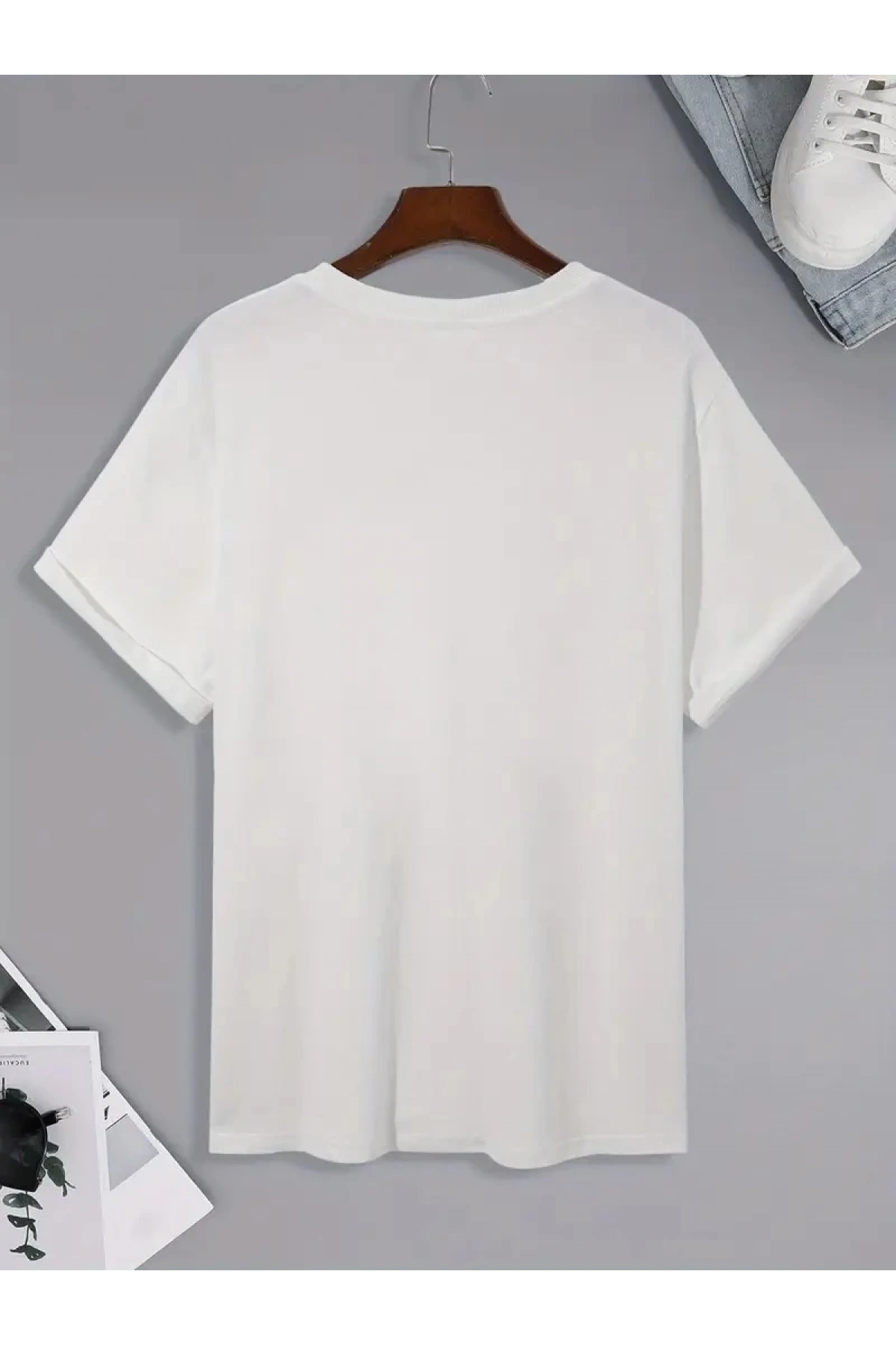 20/1 Penye Compack Palmiye Baskılı Oversize Bisiklet Yaka Kısa Kol T-shirt - Beyaz