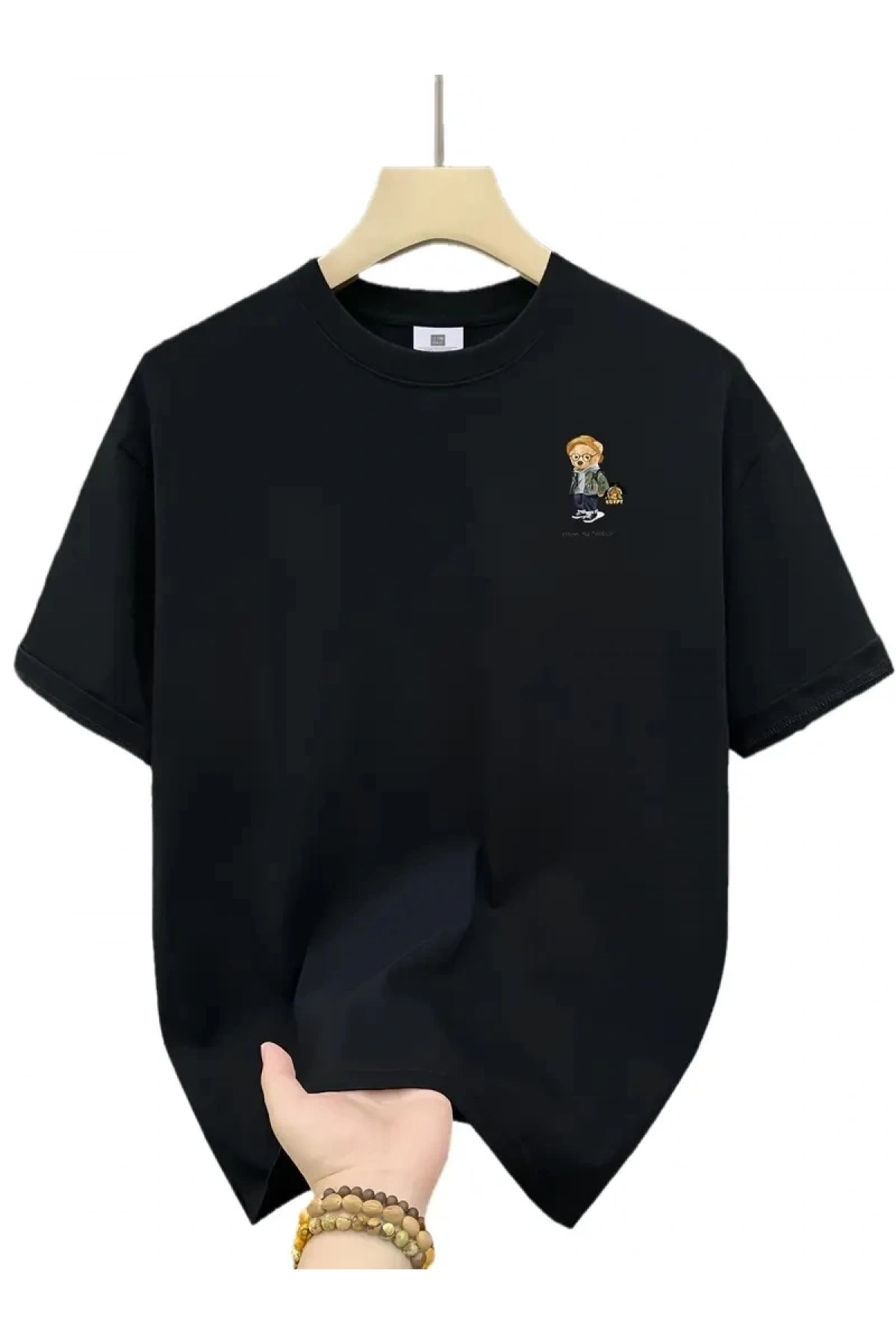 20/1 Penye Compack Gözlüklü Ayı Baskılı Oversize Bisiklet Yaka Erkek T-shirt - Siyah