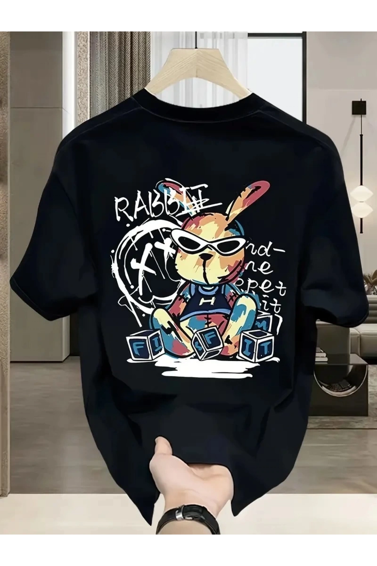 Güneş Gözlüğü Grafikli Karikatür Tavşan Oversize Kısa Kollu Tişört Çift Tişört, İlkbahar Ve Yaz- Siyah