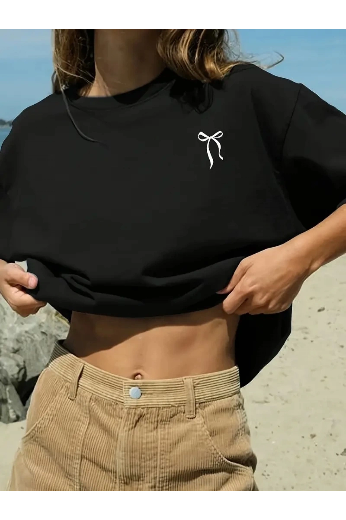 fiyonk Ön Arka baskılı siyah oversize unisex Kısa Kol t-shirt- Siyah