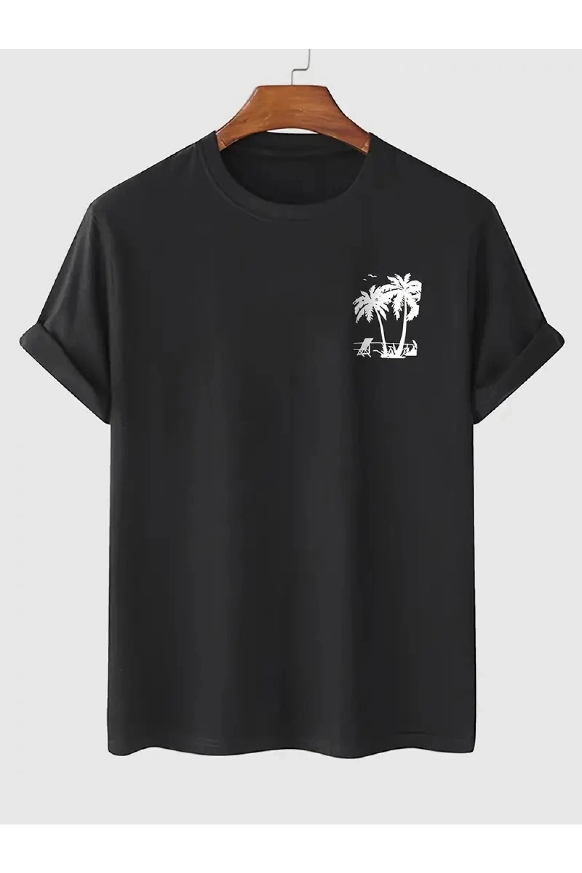 20/1 Penye Compack Palmiye Ön Baskılı Oversize Bisiklet Yaka Kısa Kol Yazlık T-shirt - Siyah