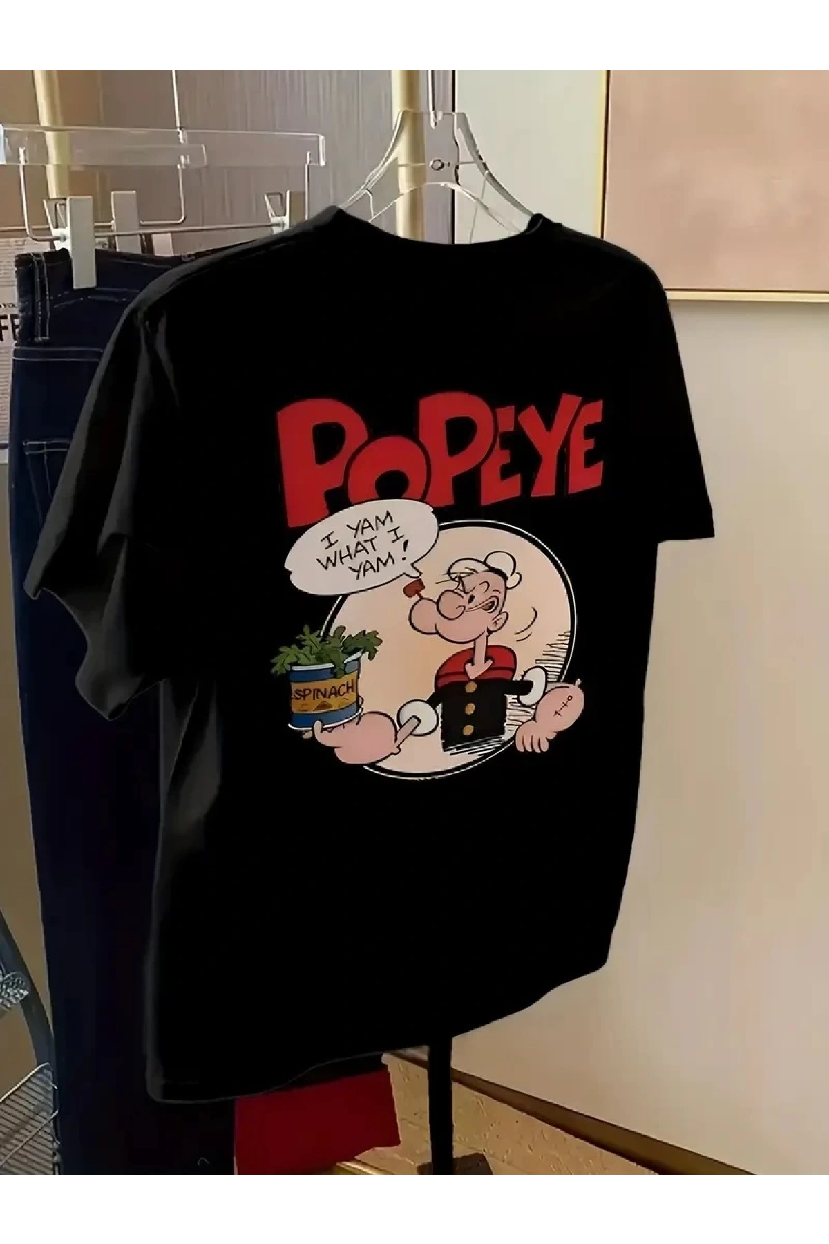 Erkek Oversize Tişörtü  Popeye the Sailor Retro Vintage Ispanak | Hediye olarak idealdir, farklı boyutları mevcuttur. - Siyah
