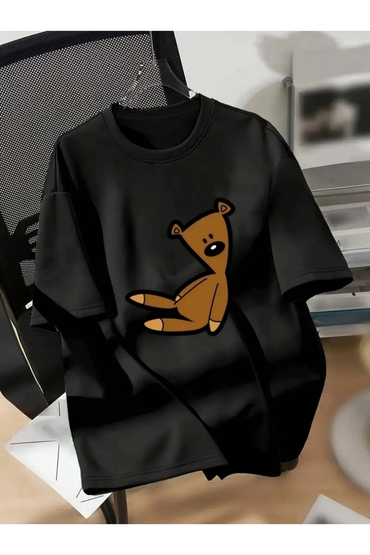 20/1 Penye Compack Ayı Baskılı Oversize Bisiklet Yaka Kısa Kol T-shirt - Siyah