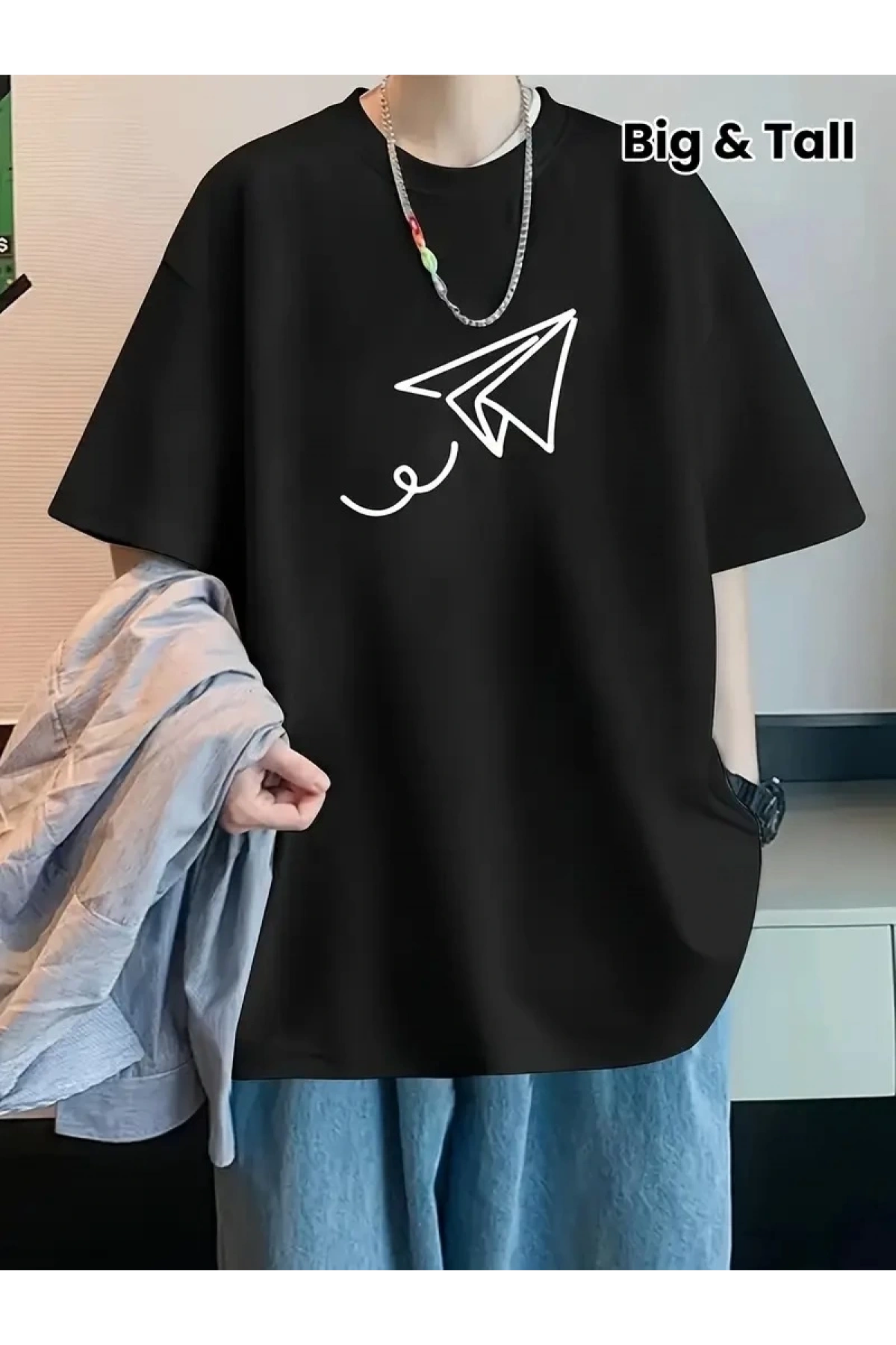 20/1 Penye Compack Uçak Baskılı Oversize Bisiklet Yaka Kısa Kol T-shirt - Siyah