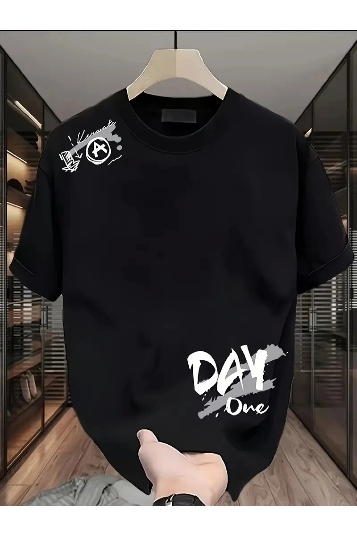 20/1 Penye Compack Day One Baskılı Oversize Bisiklet Yaka T-shirt - Siyah