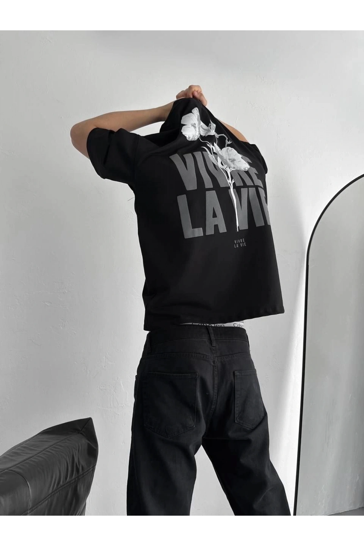 Baskılı Oversize Bisiklet Yaka T-shirt - Siyah