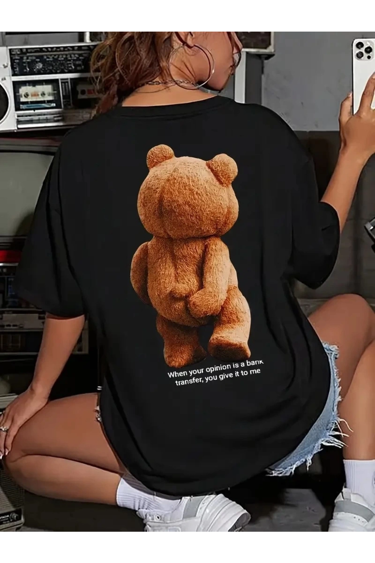 Büyük Boy Ayıcık Baskılı Bisiklet Yaka T-Shirt, İlkbahar & Yaz İçin Rahat Kısa Kollu T-Shirt, Kadın Giyim - Siyah