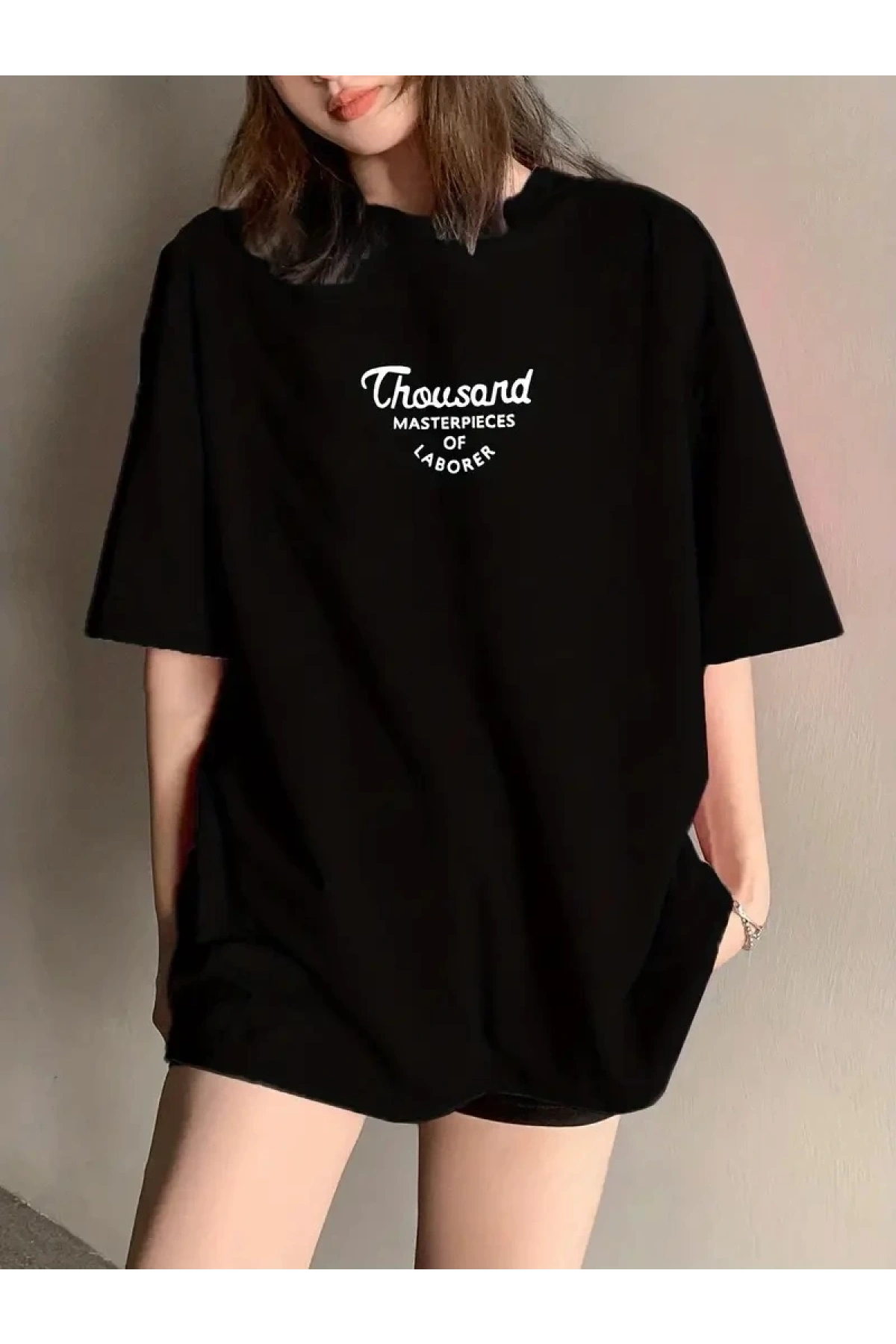 Thousand Ön Arka Baskılı Oversize Bisiklet Yaka T-shirt - Siyah