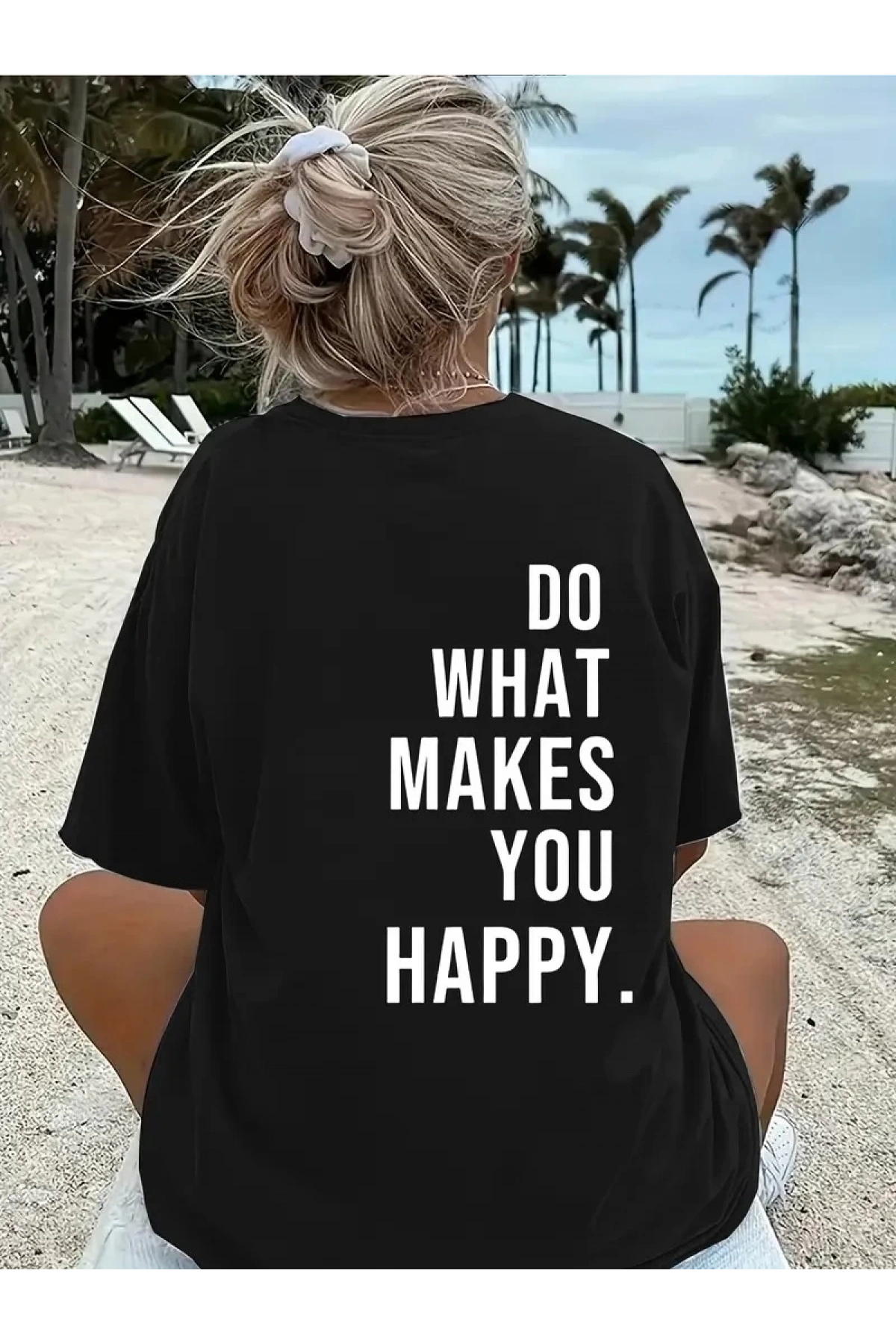 Do What Makes You Happy Unisex Linemen Oversize Baskılı T-shirt - Siyah