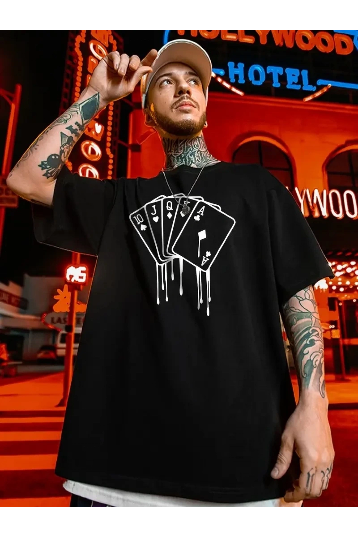 erkek büyük beden Kart baskılı düz renk kısa kollu bisiklet yaka tişört gündelik giyim - Siyah