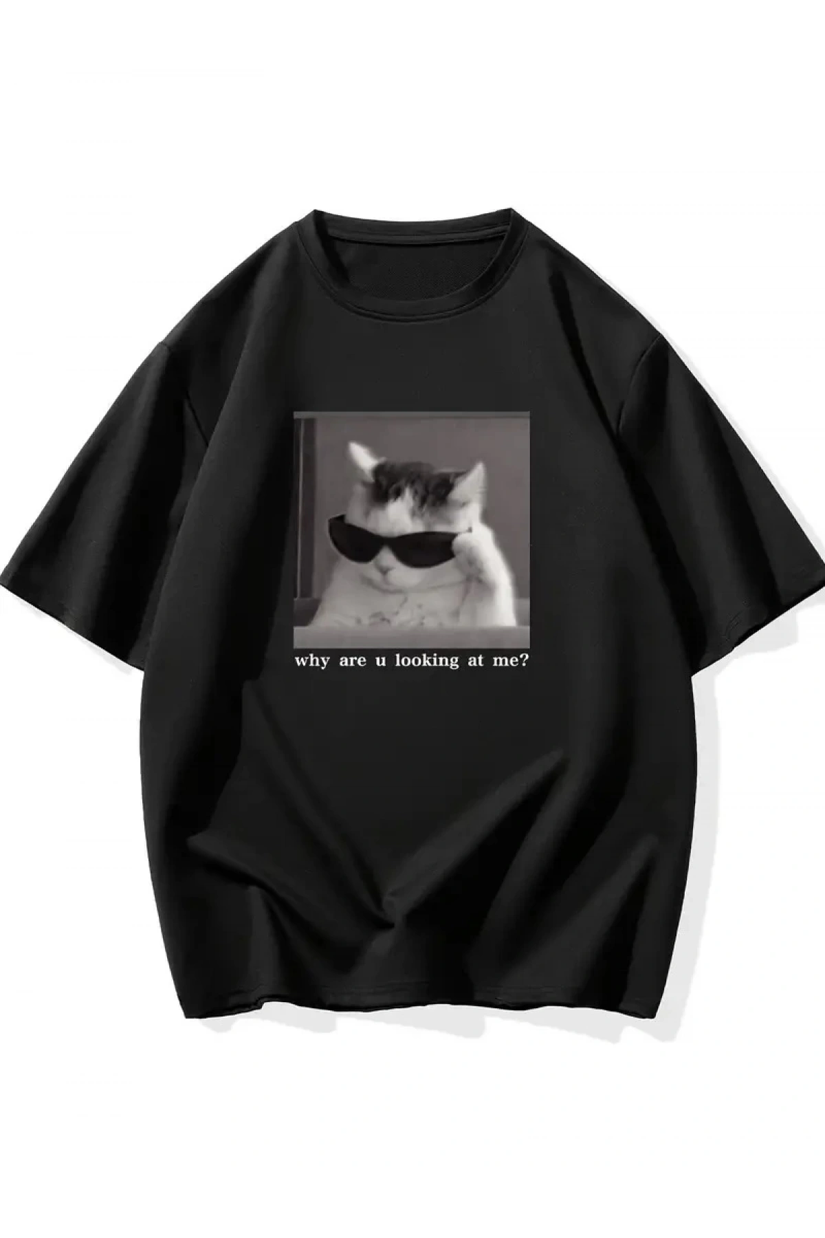 Neden Bana Bakıyorsun? Komik Kedi Grafik Tişört - Dijital Baskılı Siyah Bol Kesim Streetwear Tişört, Erkekler için Dört Mevsim Günlük Gömlek - Siyah
