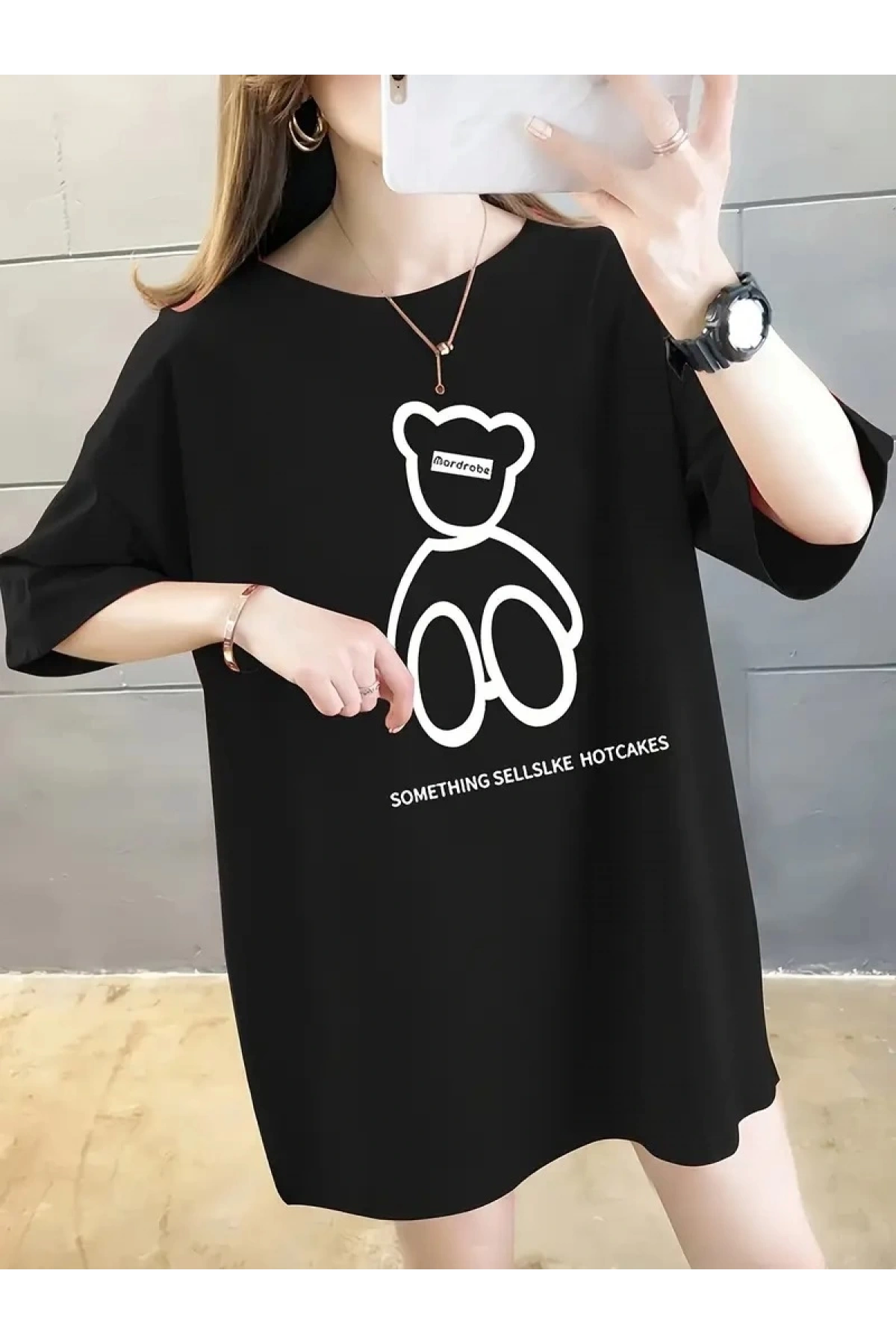 20/1 Penye Compack Ön Arka Baskılı Oversize Bisiklet Yaka T-shirt - Siyah