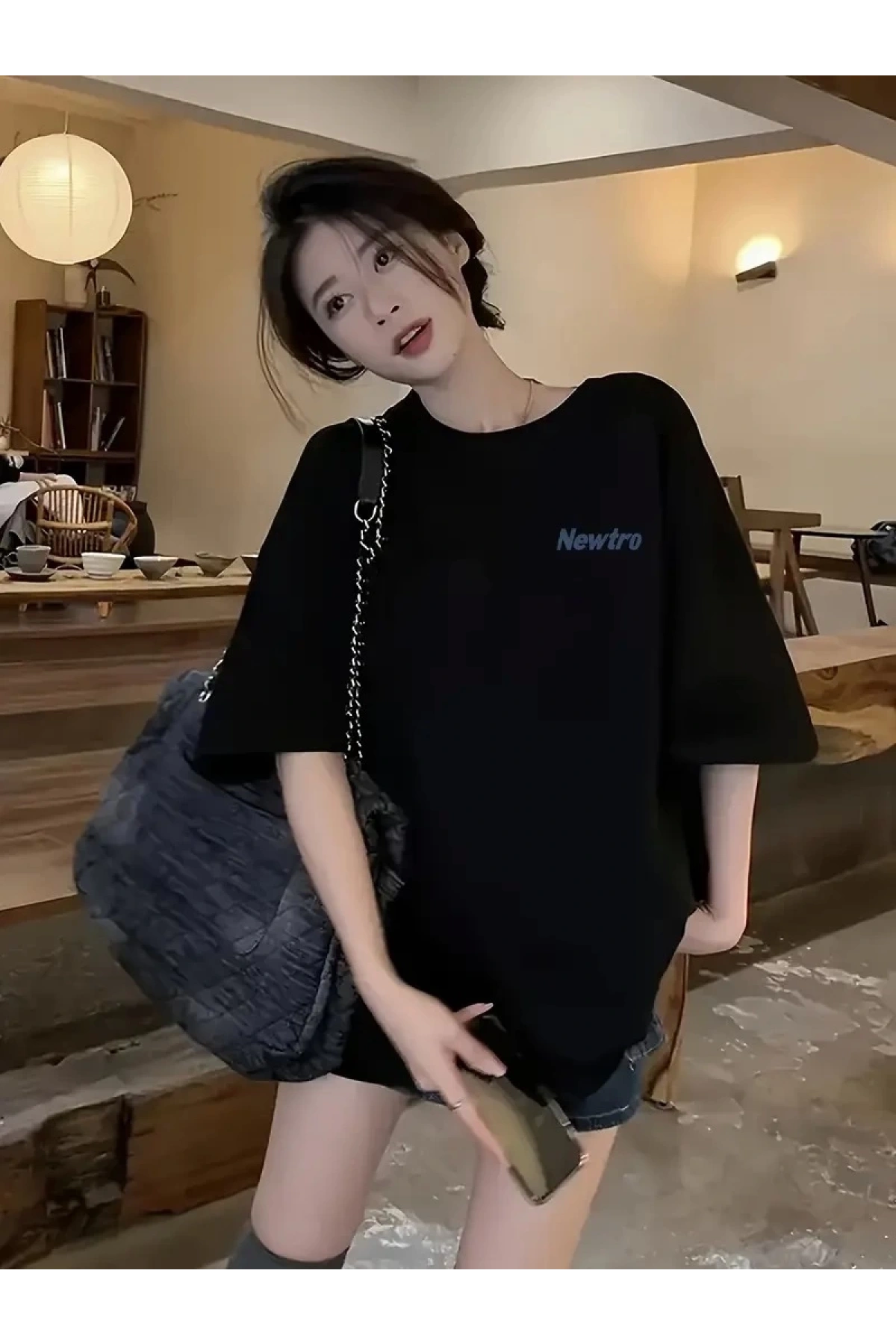 Newtro Baskılı Oversize Bisiklet Yaka T-shirt - Siyah