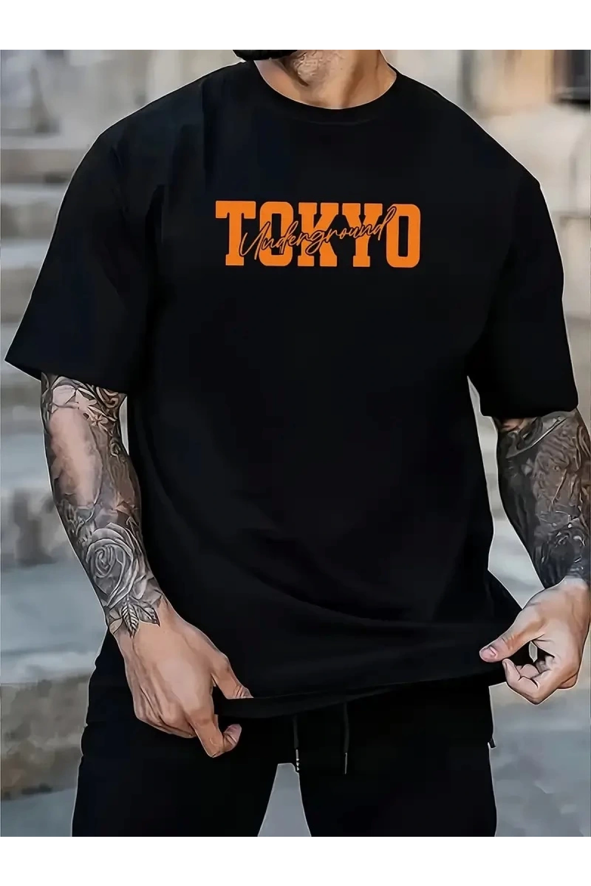 Erkek Turuncu Spor Araba Grafik Tişört - TOKYO Baskılı Günlük Oversize Kısa Kollu Tişört, Yetişkinler için Yazlık Giyim, Turuncu Araba Tasarımı- Siyah