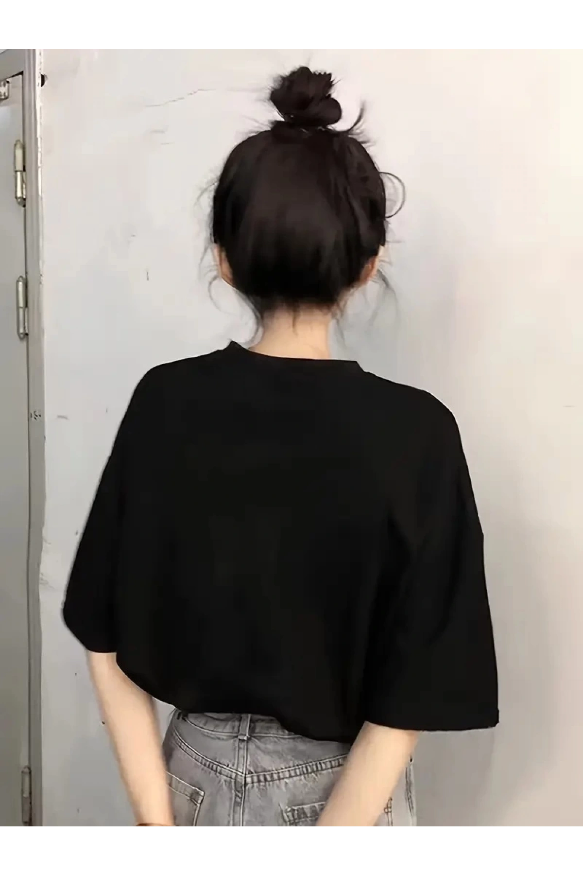 20/1 Penye Compack Baskılı Oversize Kısa Kol Bisiklet Yaka T-shirt - Siyah