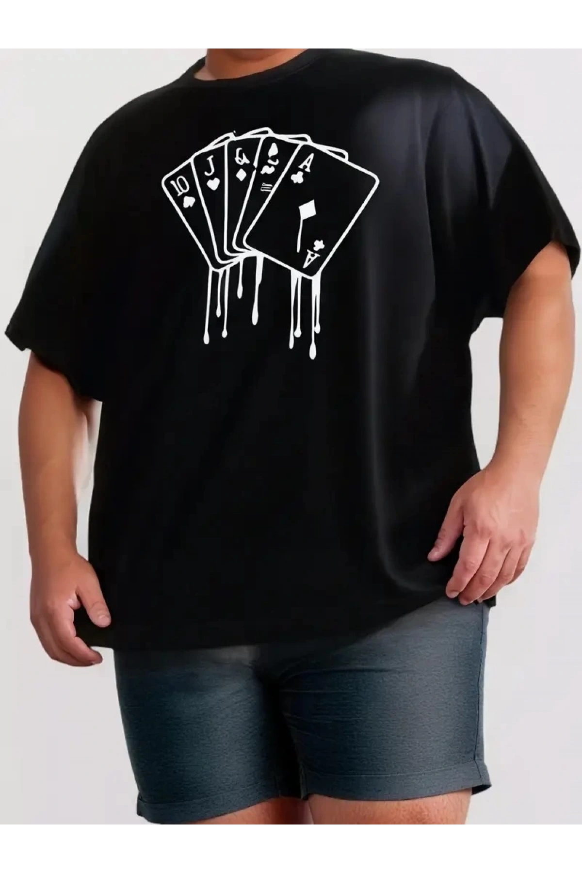 erkek büyük beden Kart baskılı düz renk kısa kollu bisiklet yaka tişört gündelik giyim - Siyah